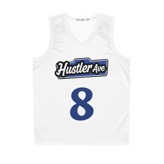 White & Blue "Hustler Ave" #8 Basketball Jersey