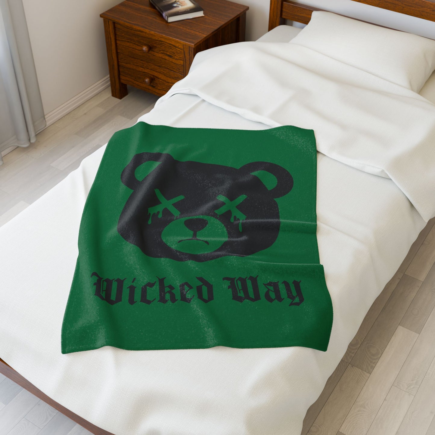 Green "Wicked Way" Dead Bear Head Velveteen Plush Blanket