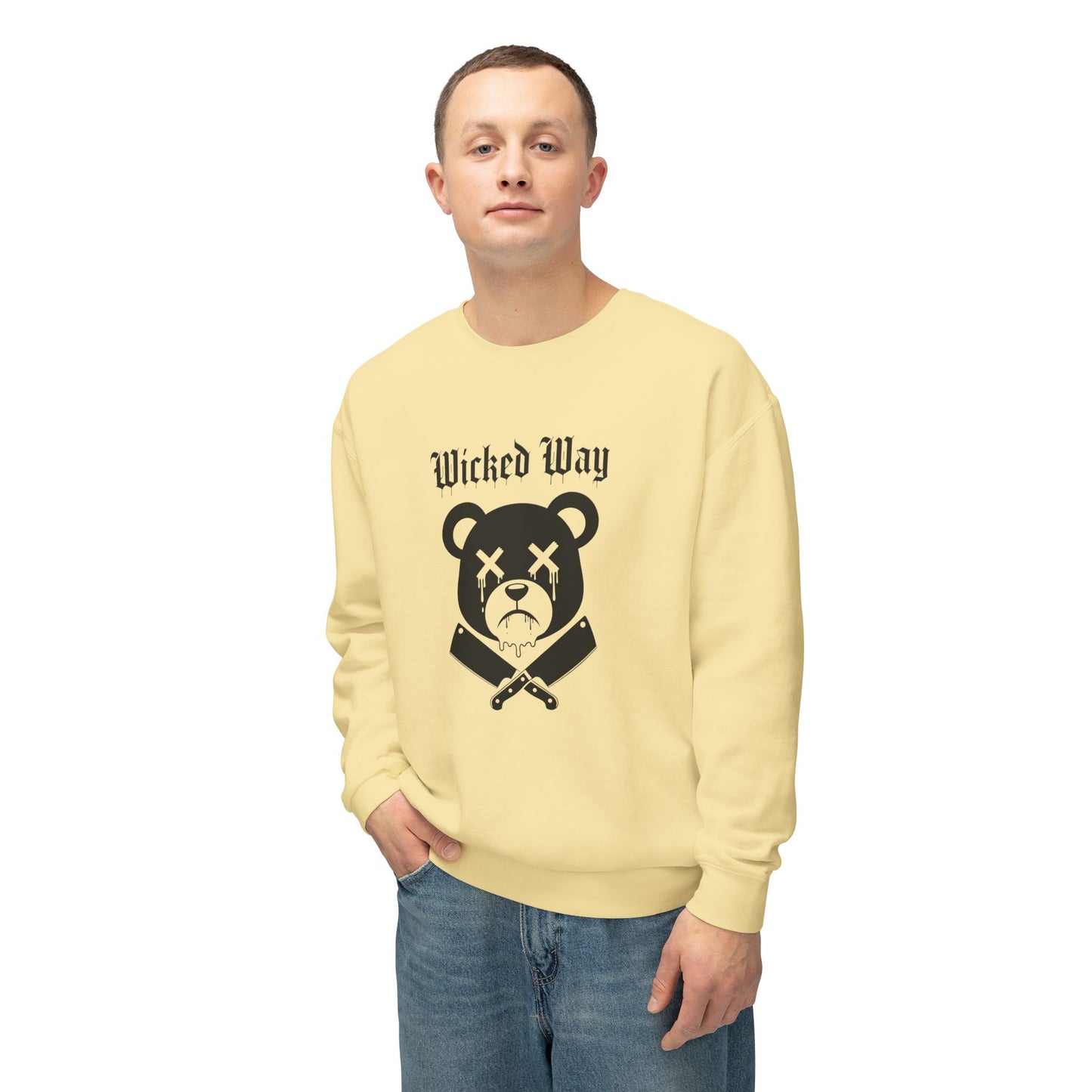 Limited Edition "Wicked Way" Drippy Bear Head Double Butcher Knife Lightweight Crewneck Sweatshirt (Multi Color Options)