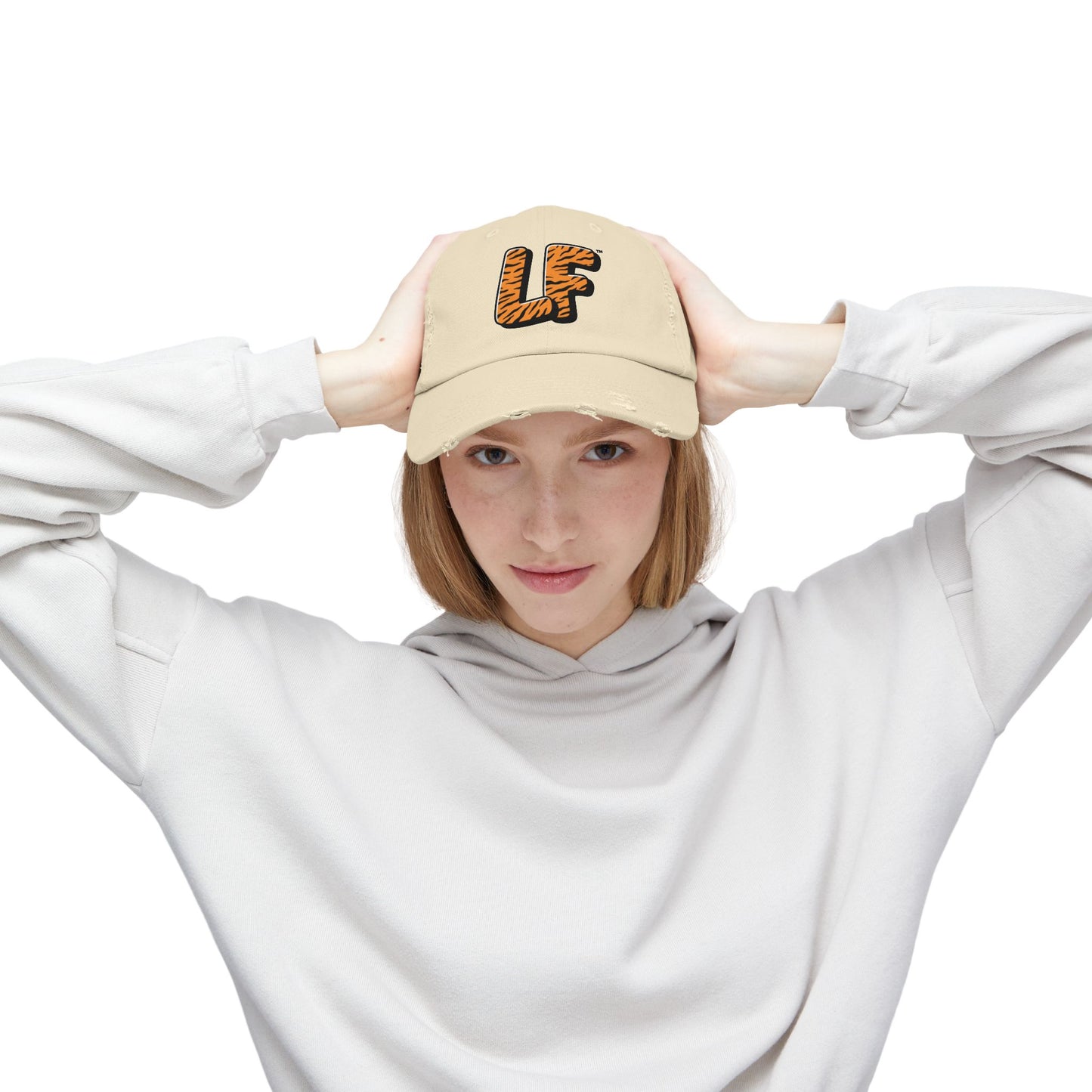 Unisex Distressed Cap with Tiger Print 'LF' Logo - Trendy Casual Hat