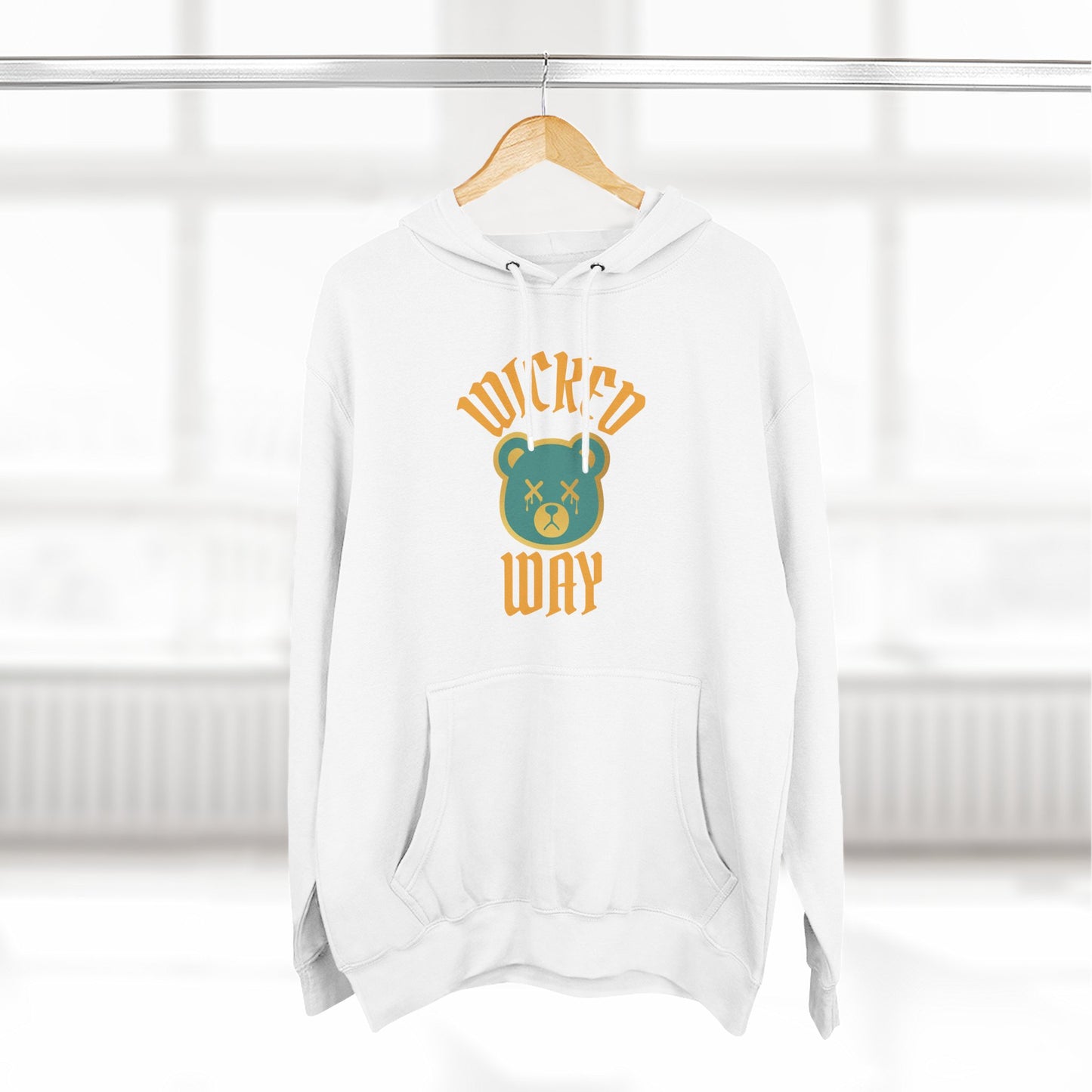 White/Black "Wicked Way" Deady Bear Gold & Teal Fleece Hoodie