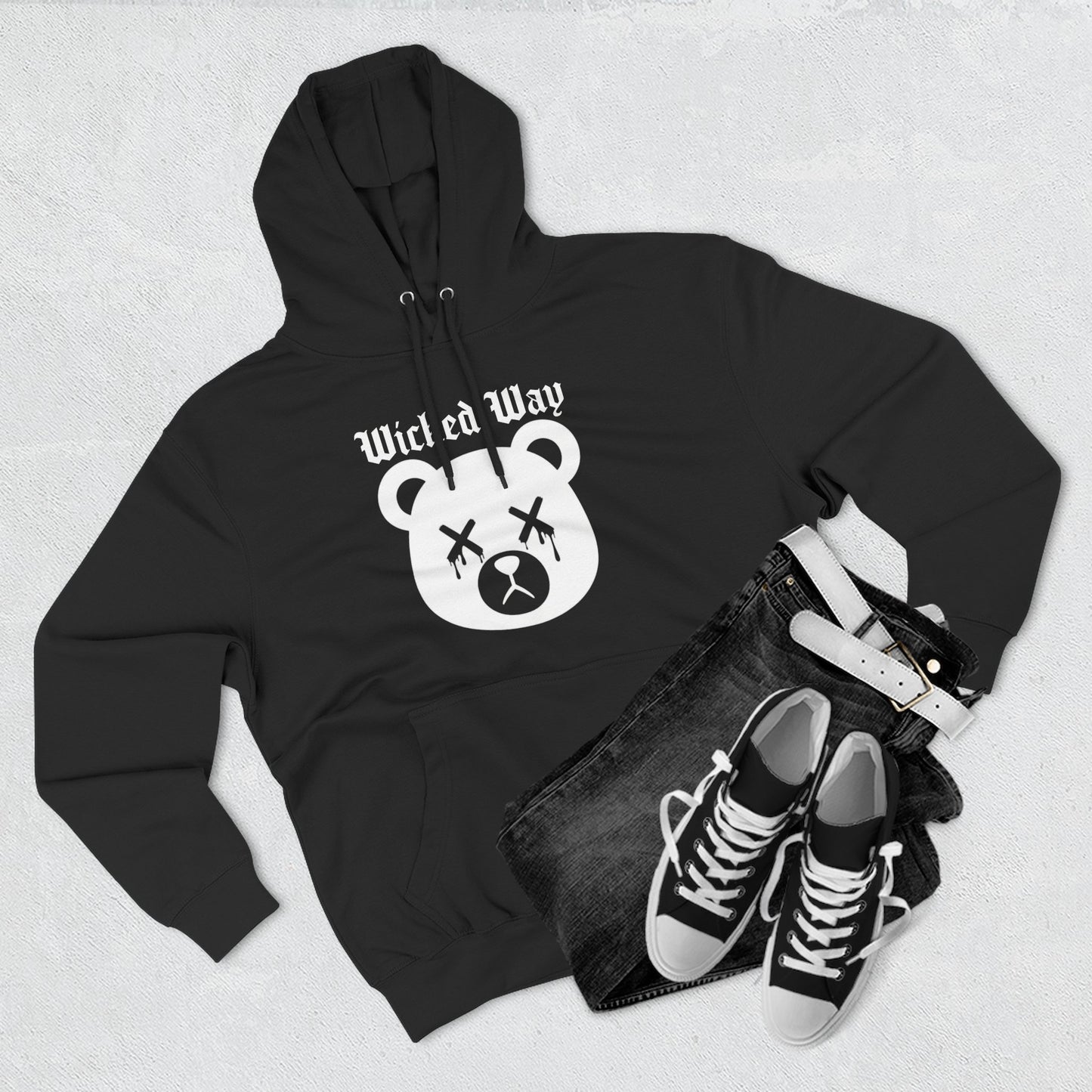 "Wicked Way" Deady Bear Head White Logo Hoodie