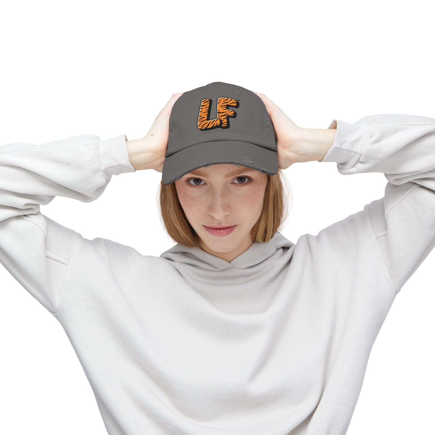 Unisex Distressed Cap with Tiger Print 'LF' Logo - Trendy Casual Hat