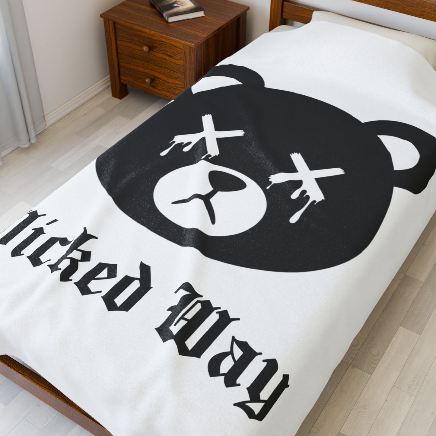 White "Wicked Way" Dead Bear Head Velveteen Plush Blanket