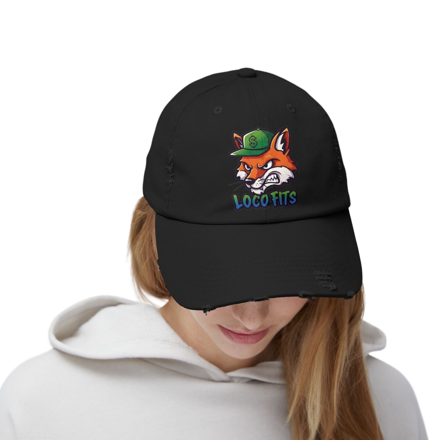 Unisex Distressed Cap with Loco Fox Design - Trendy Hat for Casual Outings