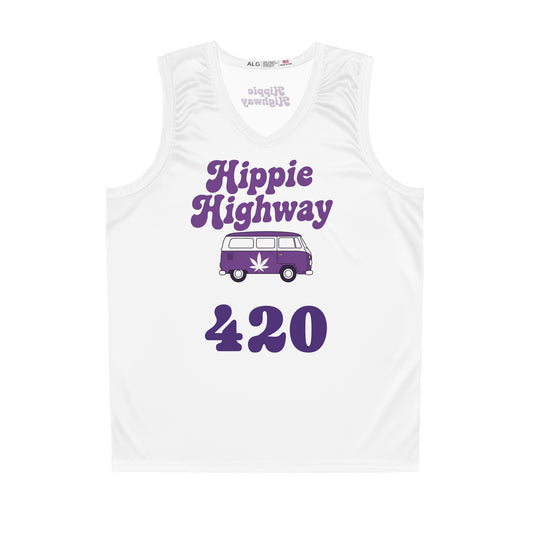 White "Hippie Highway" #420 Purple Haze Bus Basketball Jersey