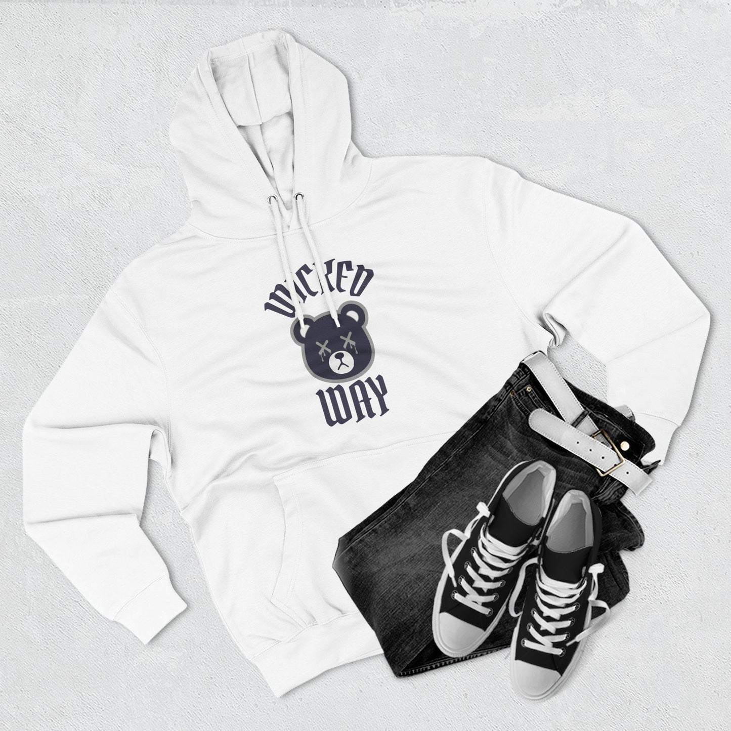 White/Grey "Wicked Way" Deady Bear Navy & Grey Fleece Hoodie