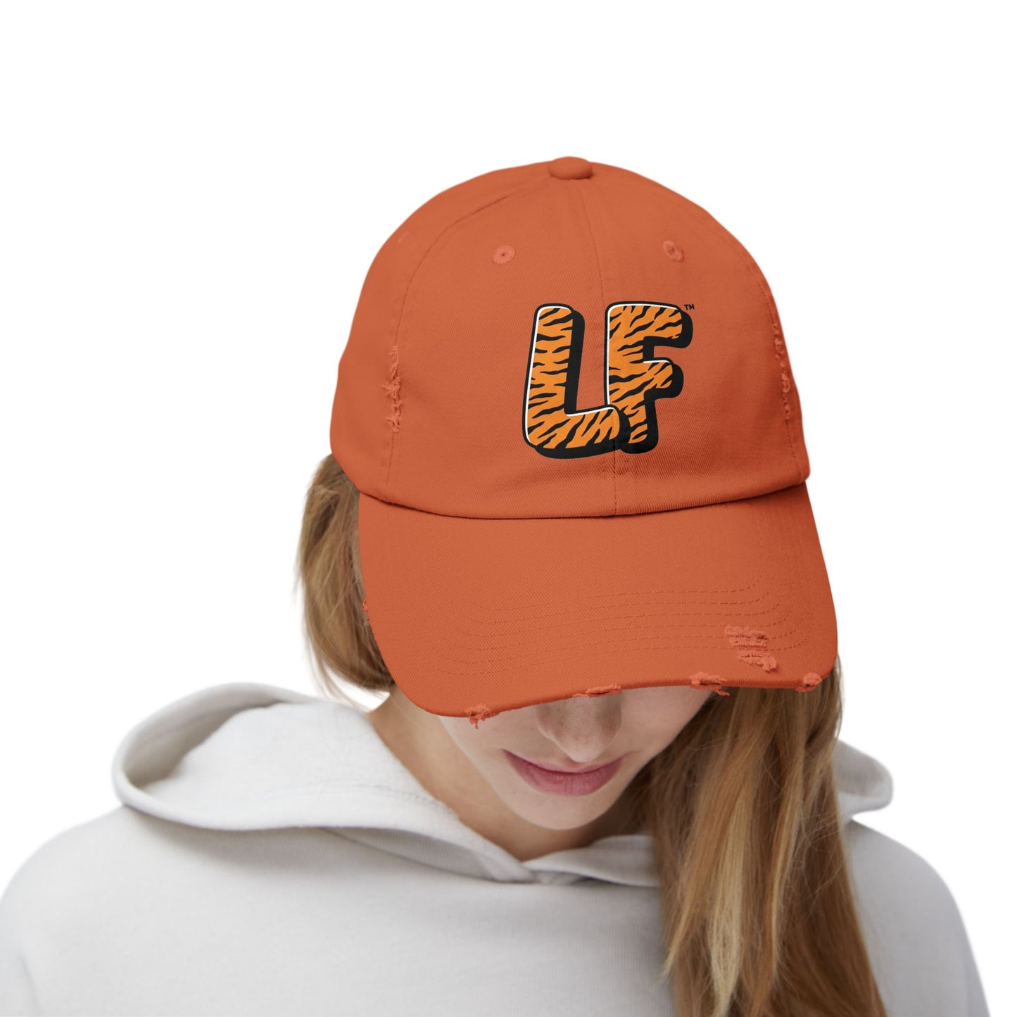 Unisex Distressed Cap with Tiger Print 'LF' Logo - Trendy Casual Hat