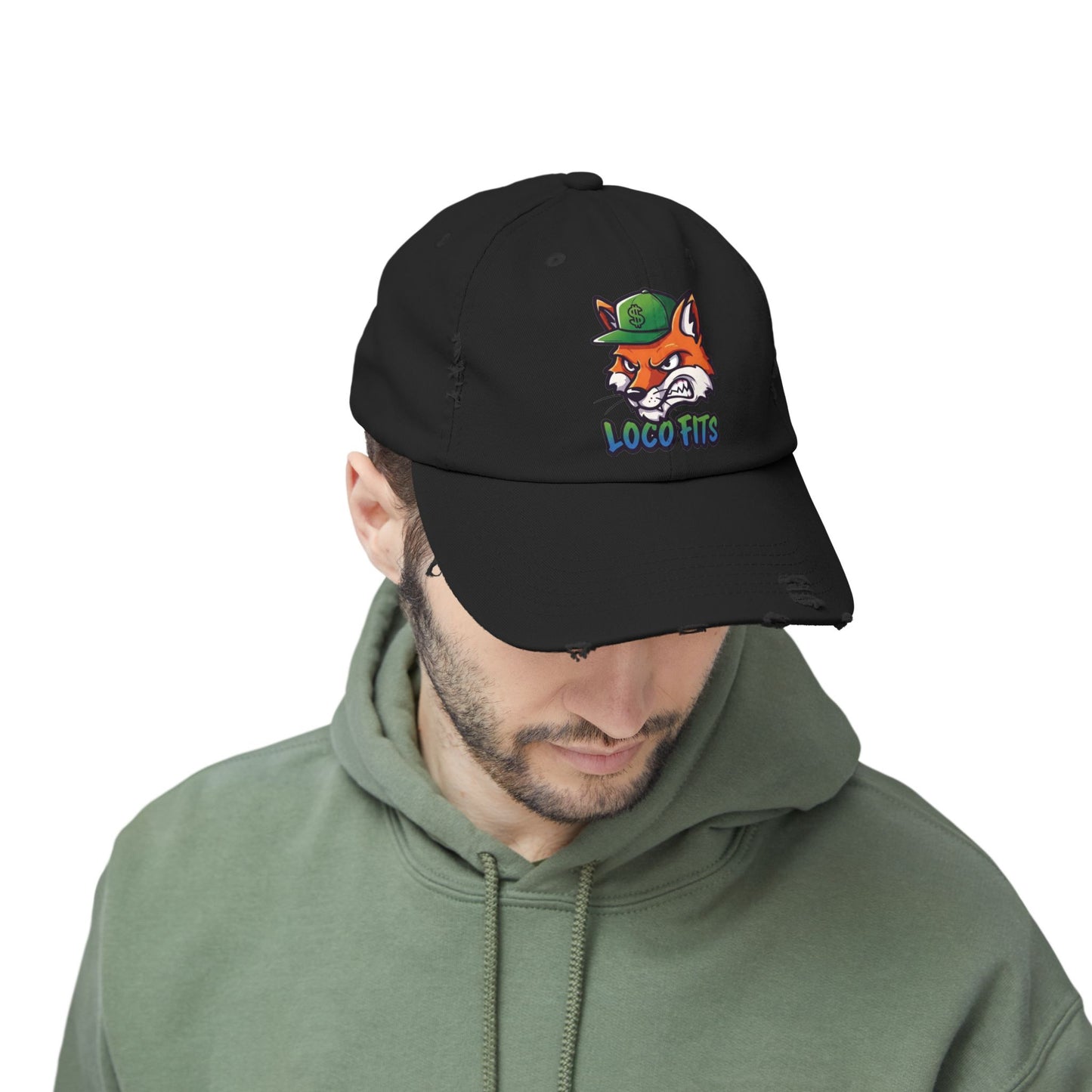 Unisex Distressed Cap with Loco Fox Design - Trendy Hat for Casual Outings