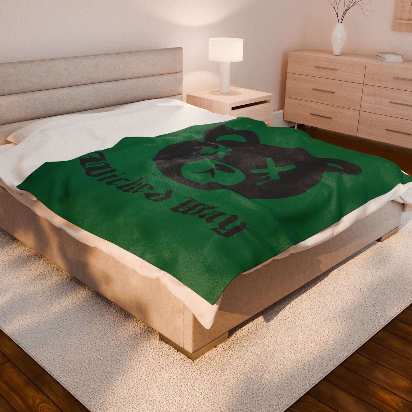 Green "Wicked Way" Dead Bear Head Velveteen Plush Blanket