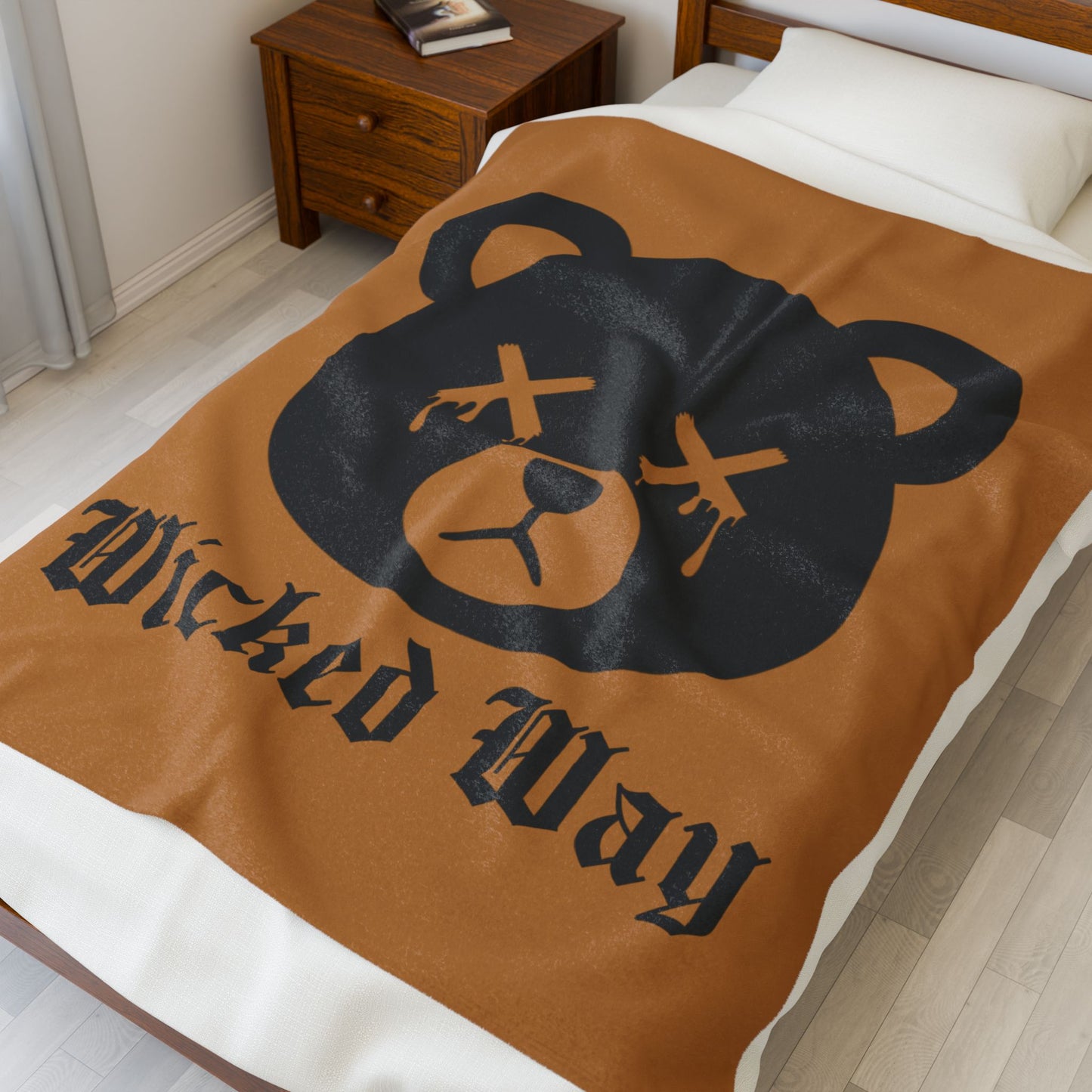 Light Brown "Wicked Way" Dead Bear Head Velveteen Plush Blanket