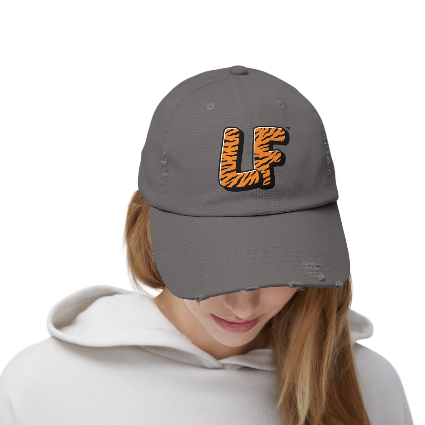 Unisex Distressed Cap with Tiger Print 'LF' Logo - Trendy Casual Hat