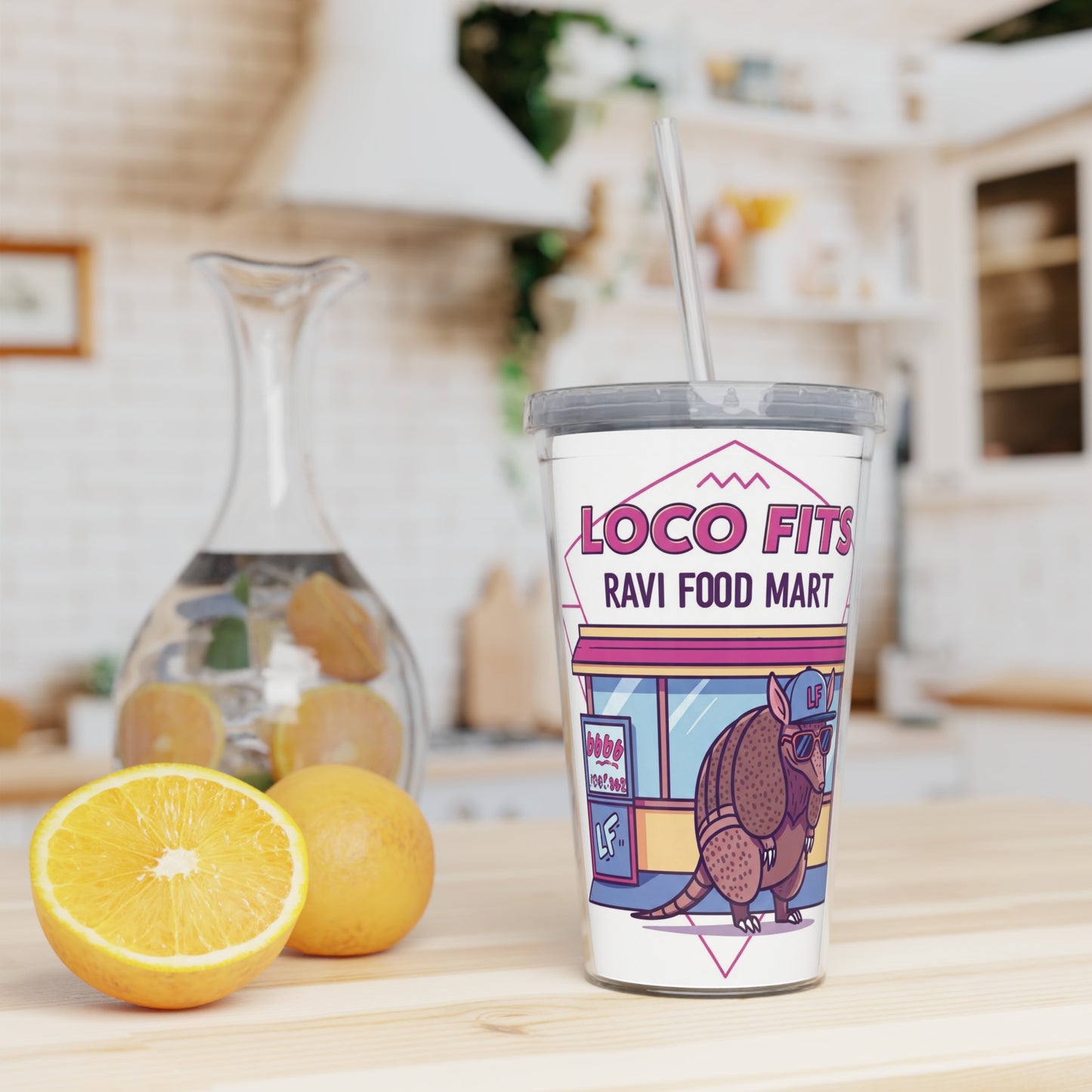 Plastic Tumbler with Straw - Loco Fits Ravi Food Mart Armadillo #2 Design