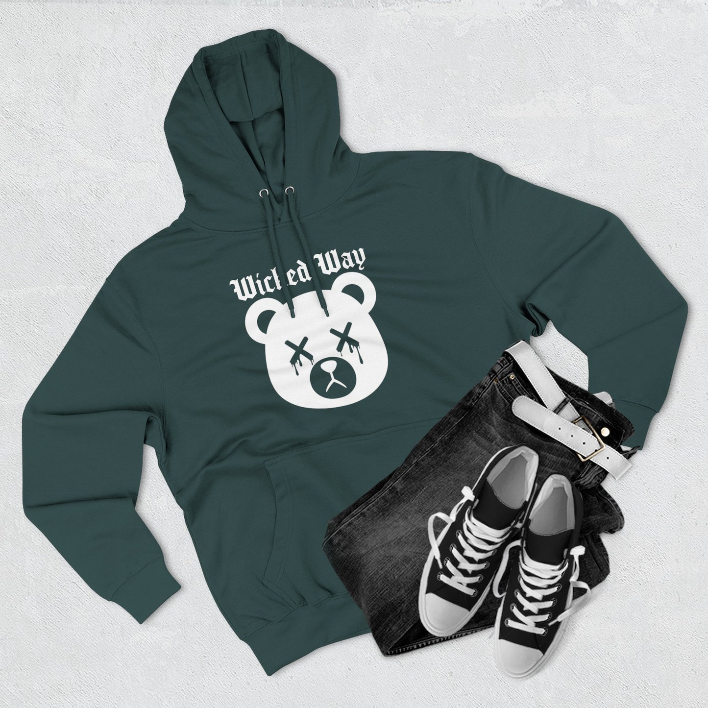"Wicked Way" Deady Bear Head White Logo Hoodie