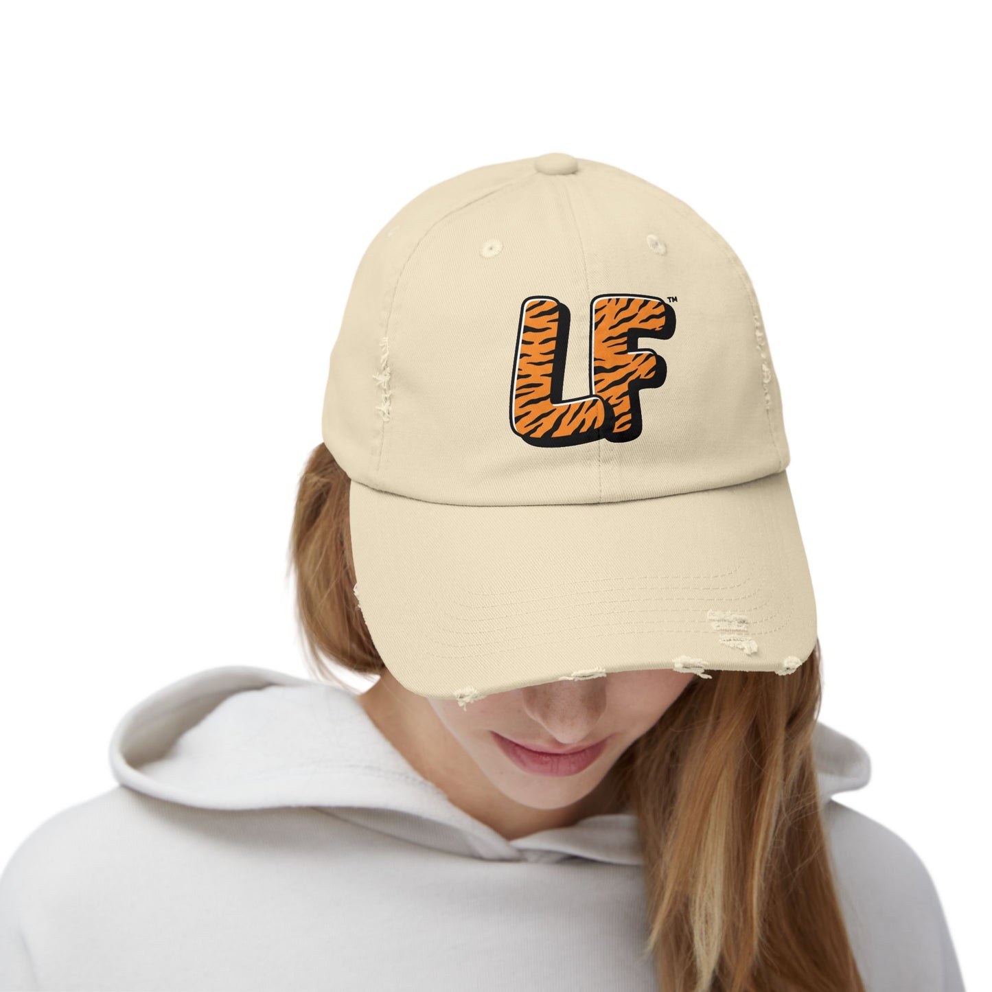 Unisex Distressed Cap with Tiger Print 'LF' Logo - Trendy Casual Hat
