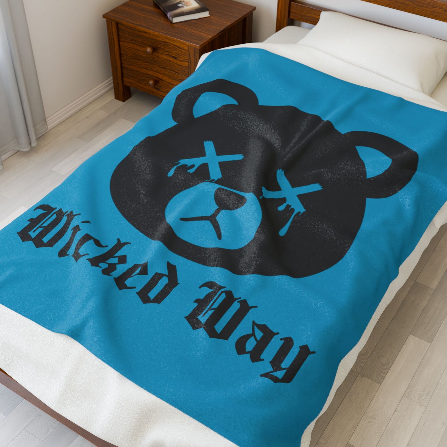 Teal "Wicked Way" Dead Bear Head Velveteen Plush Blanket