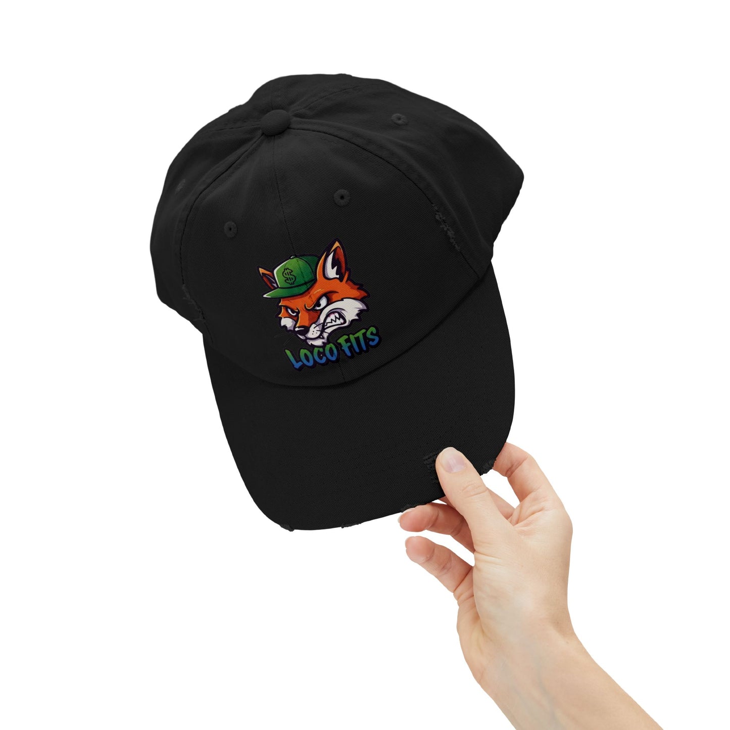 Unisex Distressed Cap with Loco Fox Design - Trendy Hat for Casual Outings