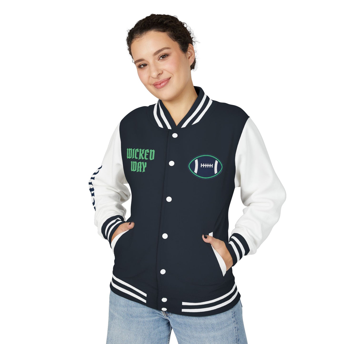 Navy Blue & White "Wicked Way" Seattle Deady Bear Football Heavyweight Letterman Jacket