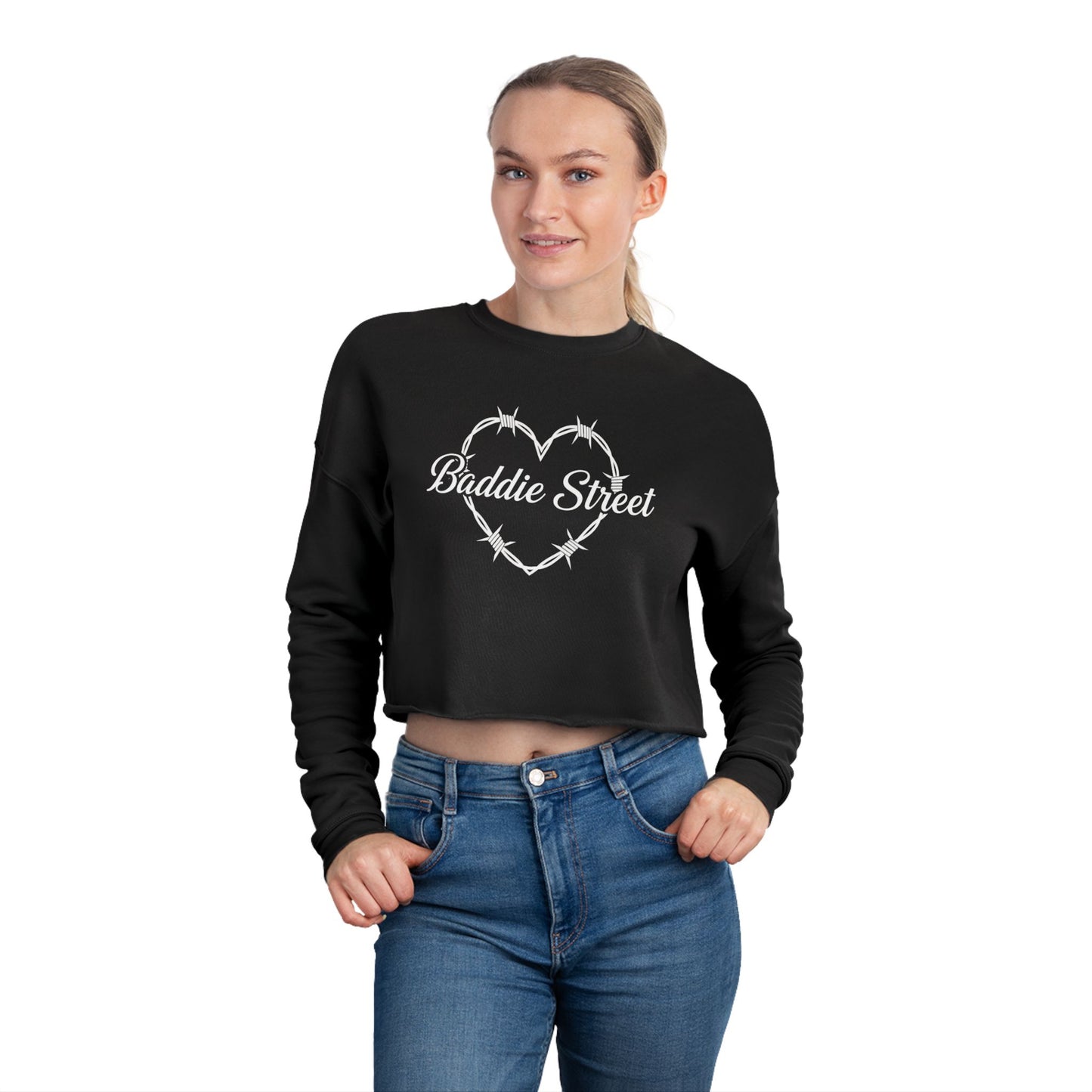 Exclusive "Baddie Street" Heart of Barbed Wire Script Cropped Sweatshirt