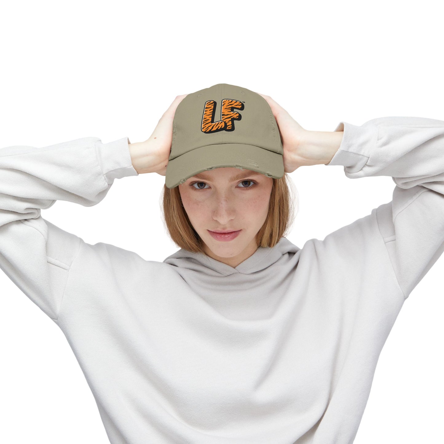 Unisex Distressed Cap with Tiger Print 'LF' Logo - Trendy Casual Hat