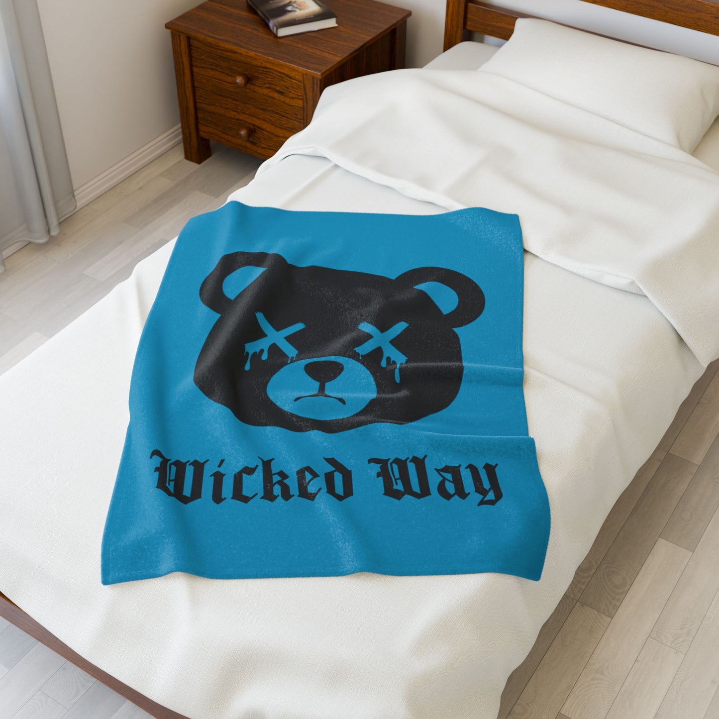 Teal "Wicked Way" Dead Bear Head Velveteen Plush Blanket
