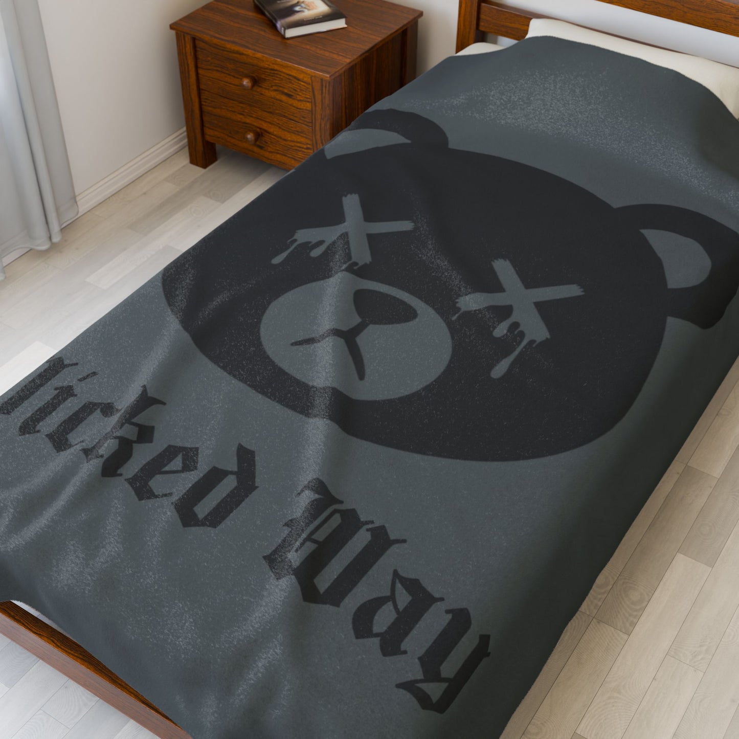 Dark Grey "Wicked Way" Dead Bear Head Velveteen Plush Blanket