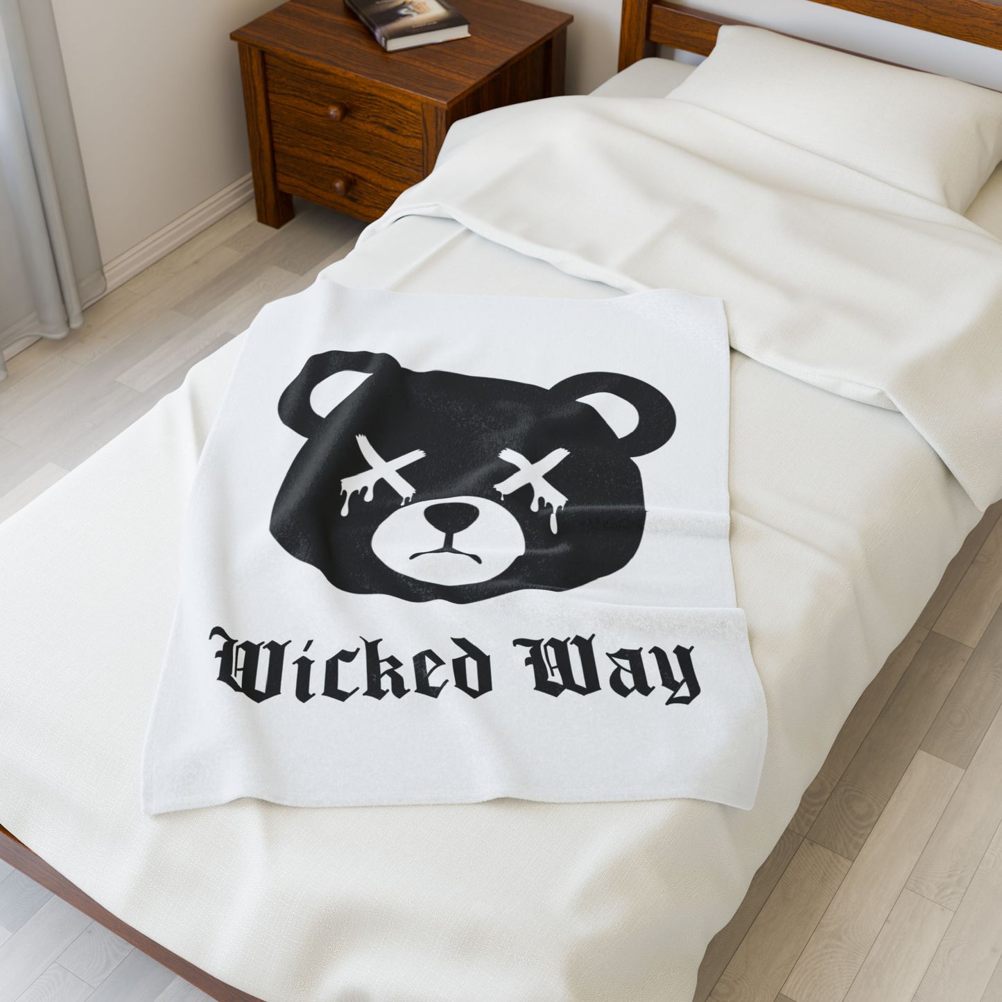 White "Wicked Way" Dead Bear Head Velveteen Plush Blanket