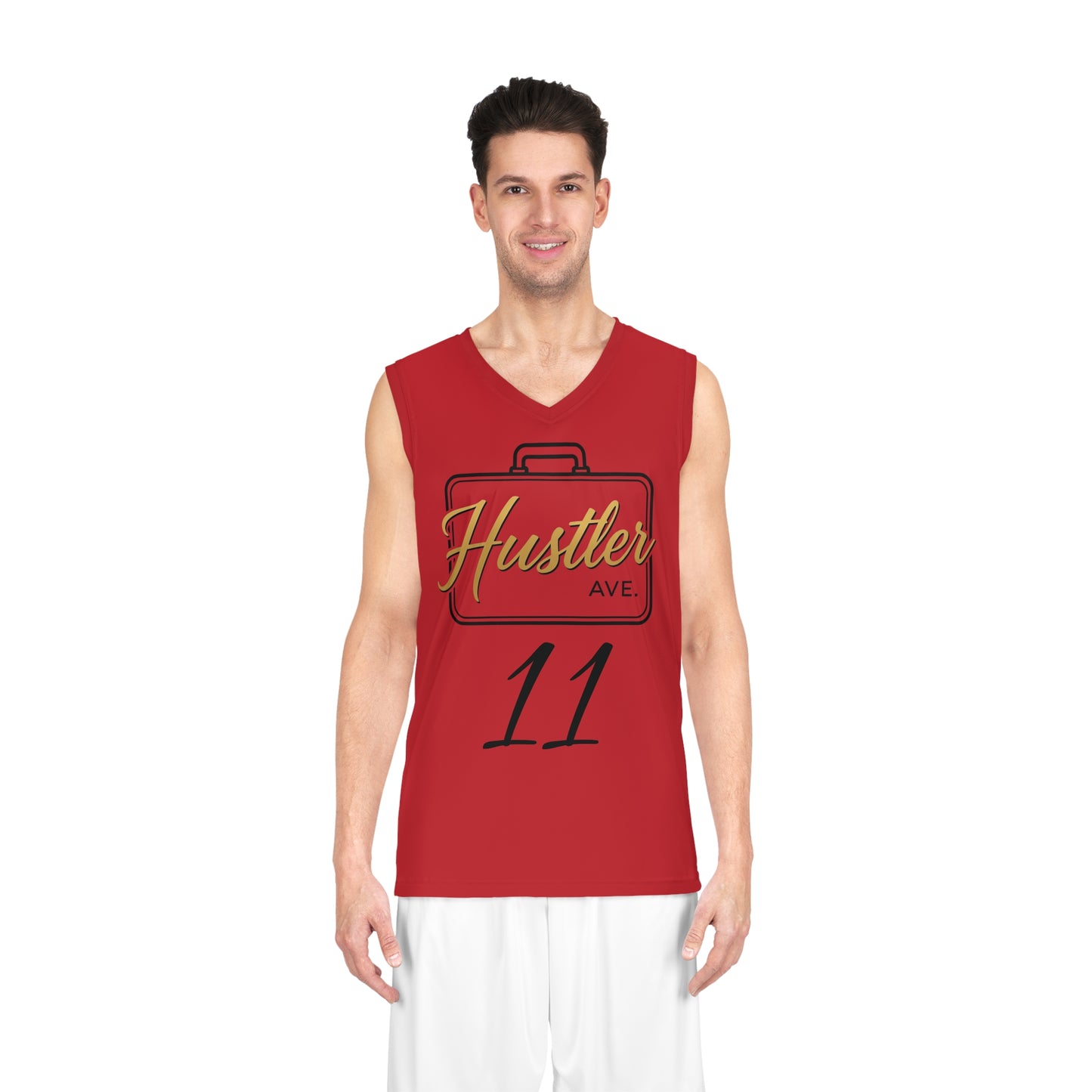 Red "Hustler Ave" #11 All Business Gold Briefcase Basketball Jersey