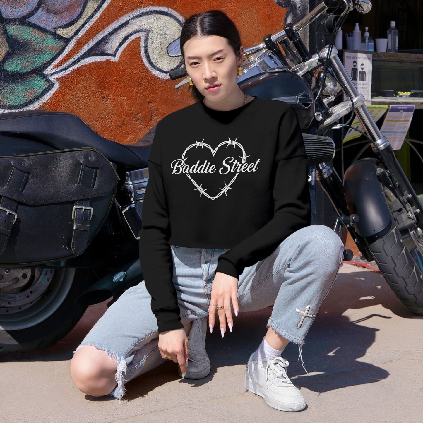 Exclusive "Baddie Street" Heart of Barbed Wire Script Cropped Sweatshirt
