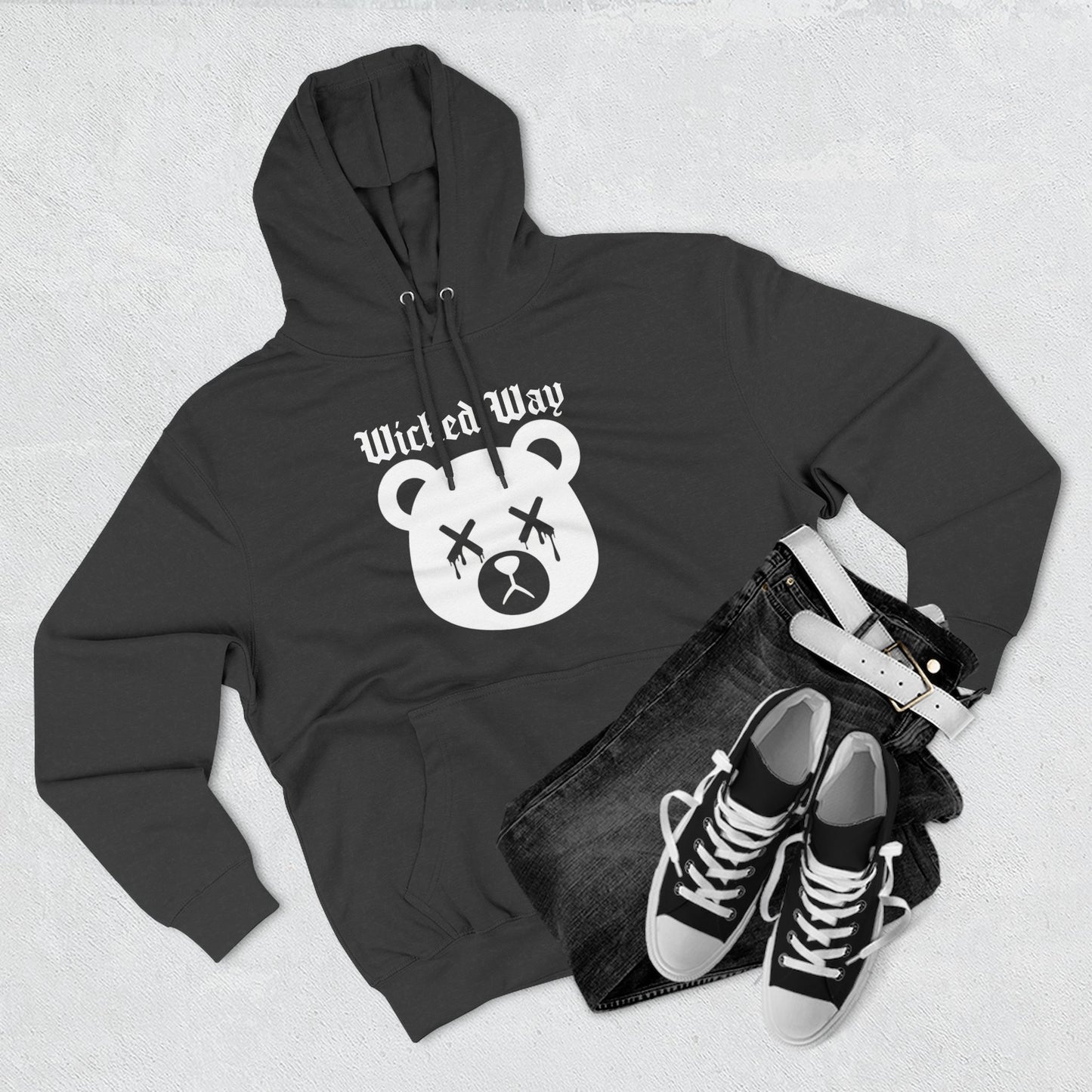 "Wicked Way" Deady Bear Head White Logo Hoodie