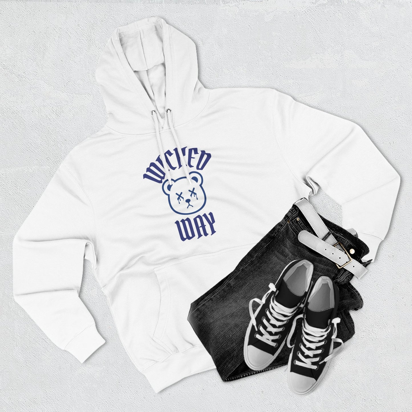 White "Wicked Way" Deady Bear Blue Fleece Hoodie