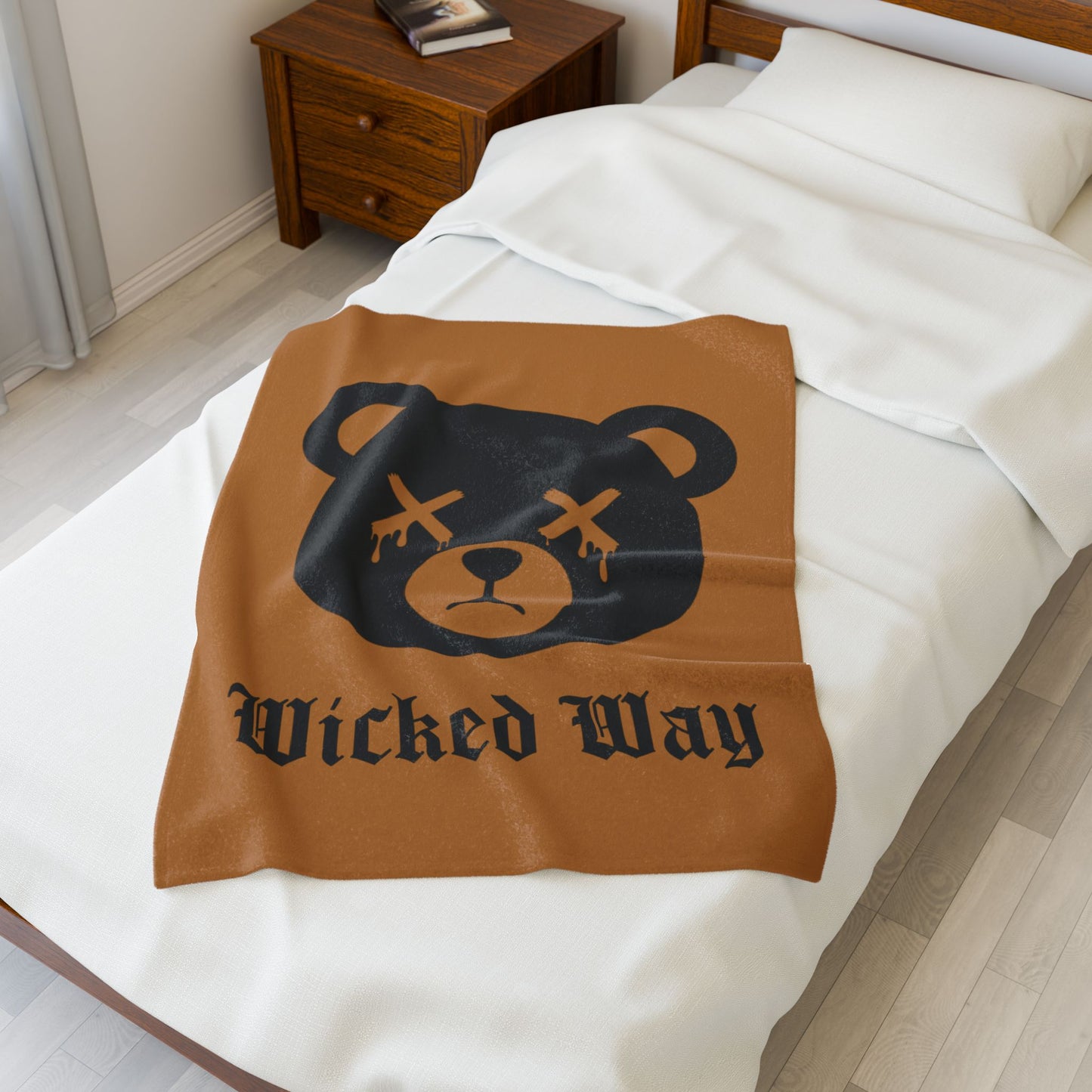 Light Brown "Wicked Way" Dead Bear Head Velveteen Plush Blanket