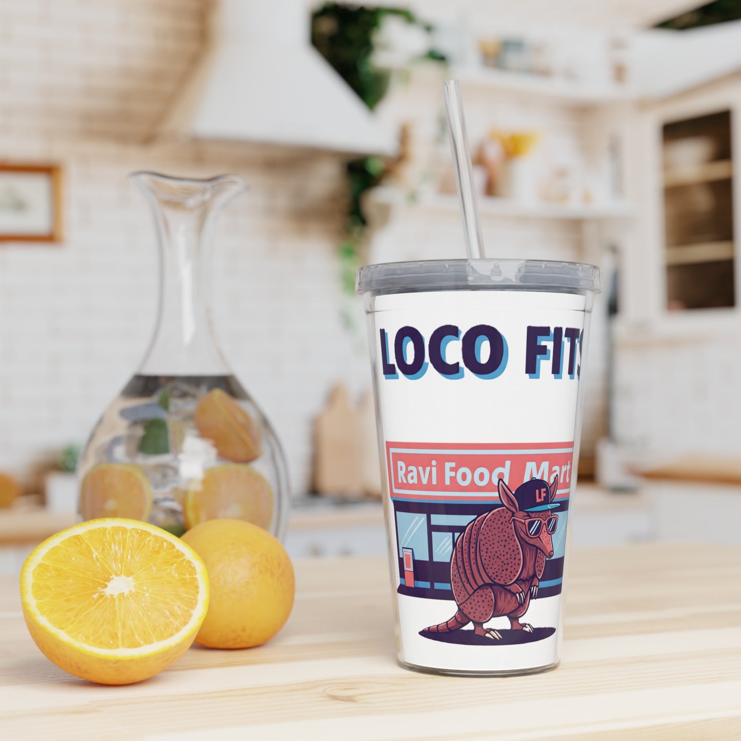 Loco Fits Ravi Food Mart Armadillo Plastic Tumbler with Straw | Fun Travel Mug for On-the-Go Drinks