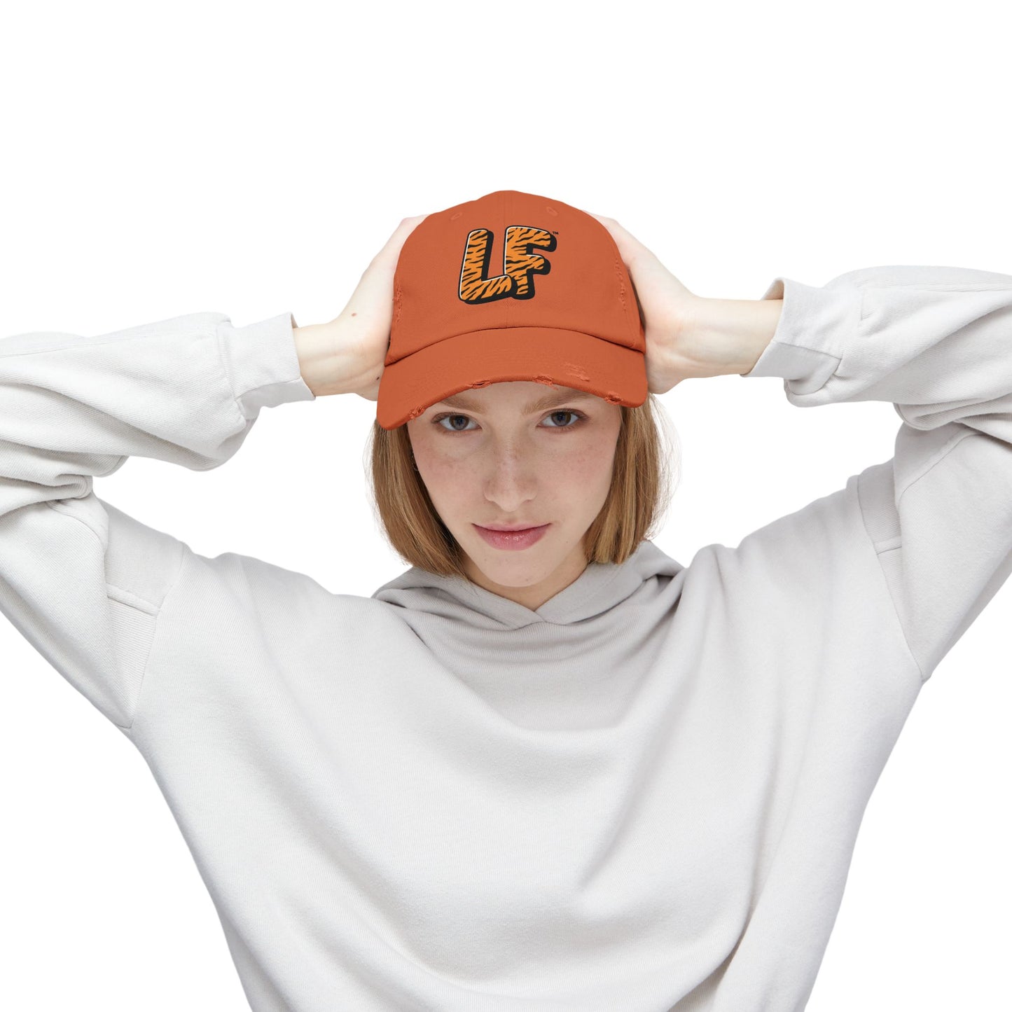 Unisex Distressed Cap with Tiger Print 'LF' Logo - Trendy Casual Hat