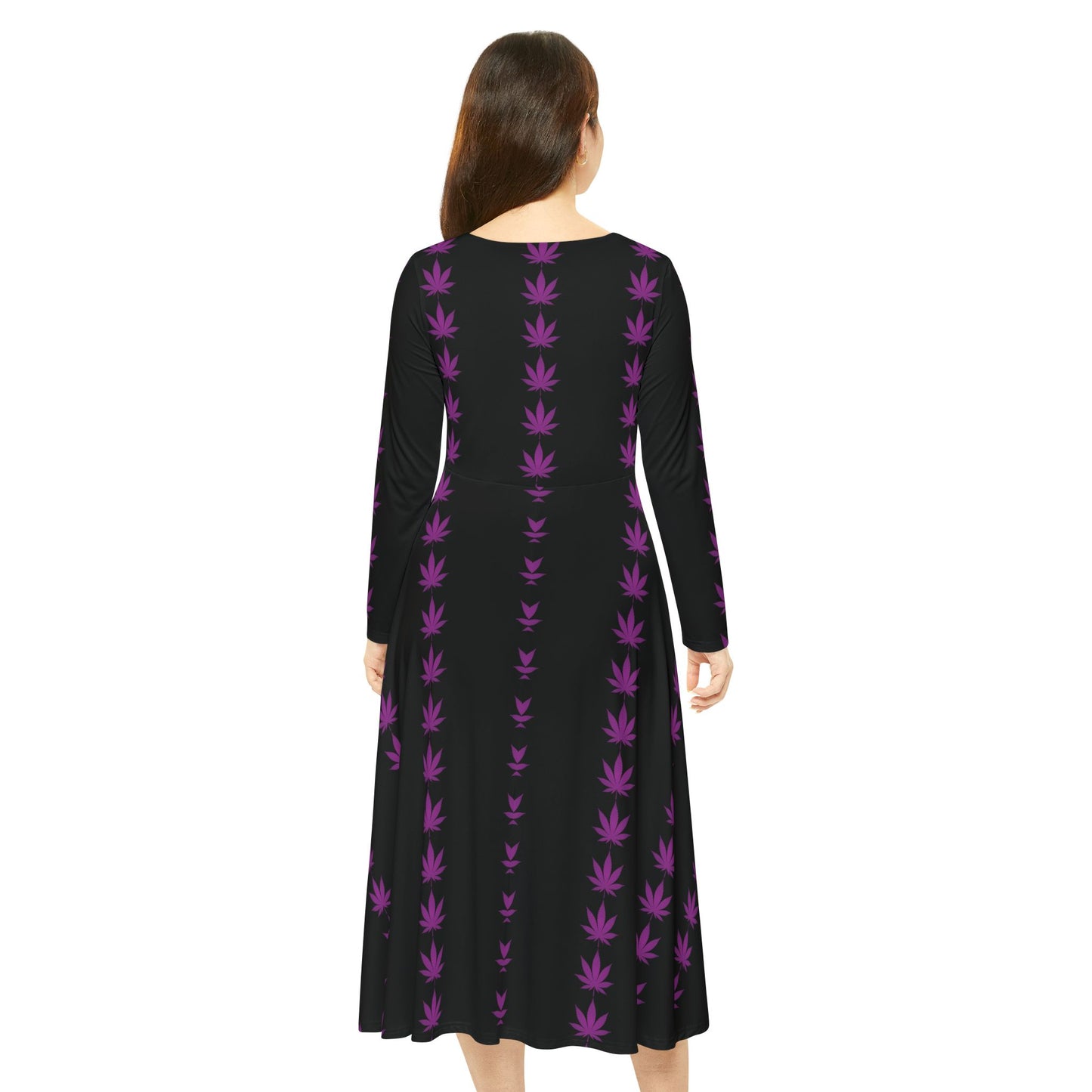 Black "Hippie Highway" Purple Pot Leaf Women's Long Sleeve Dance Dress