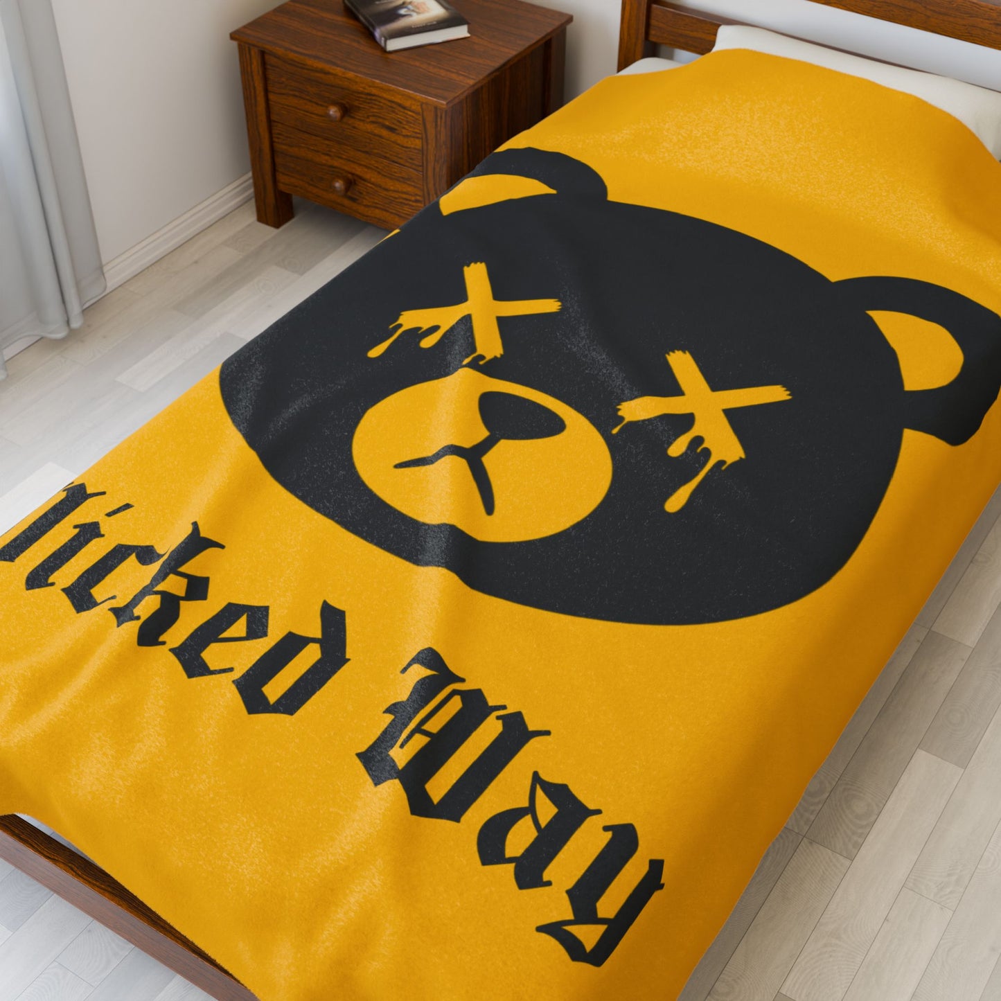 Yellow "Wicked Way" Dead Bear Head Velveteen Plush Blanket