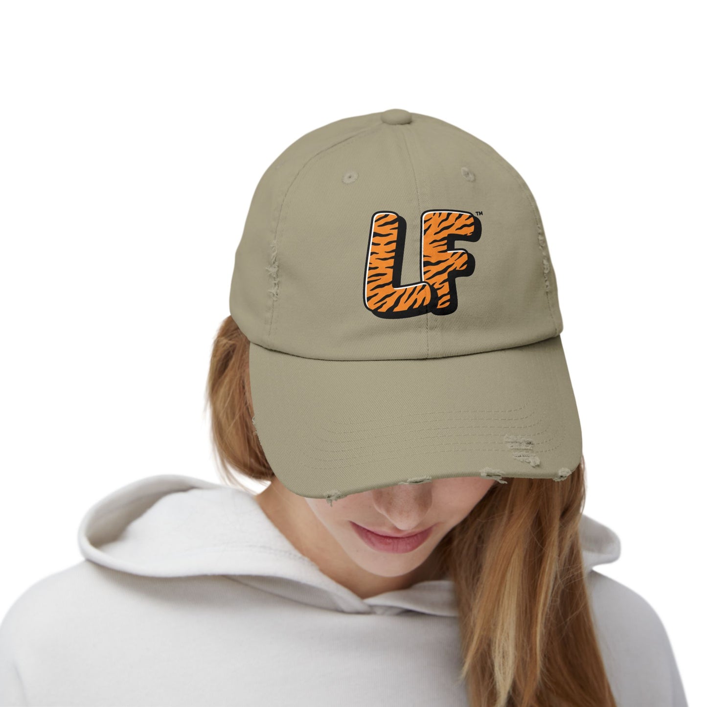 Unisex Distressed Cap with Tiger Print 'LF' Logo - Trendy Casual Hat