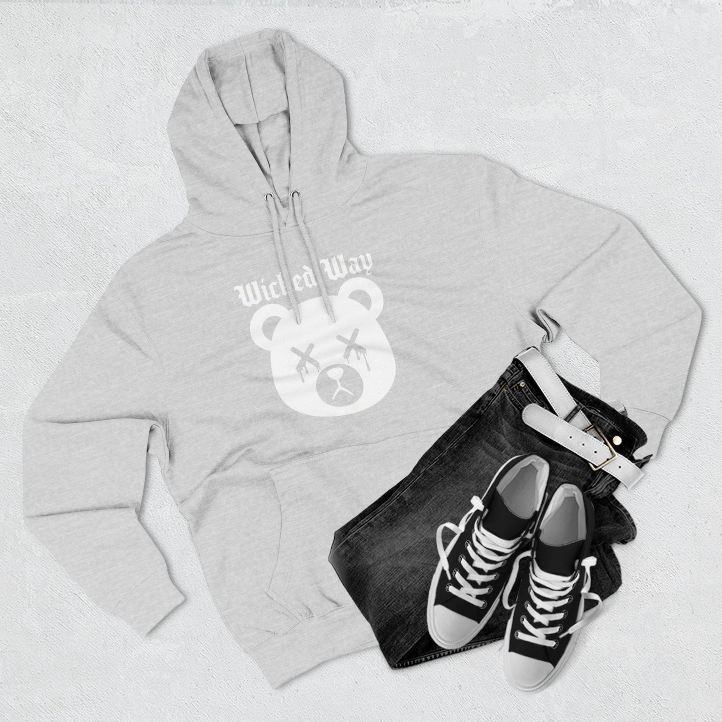 "Wicked Way" Deady Bear Head White Logo Hoodie