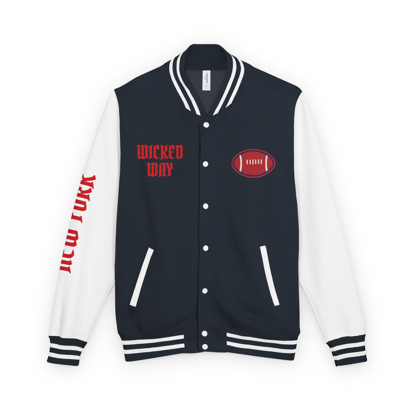 Navy Blue & White "Wicked Way" New York Deady Bear Football Heavyweight Letterman Jacket