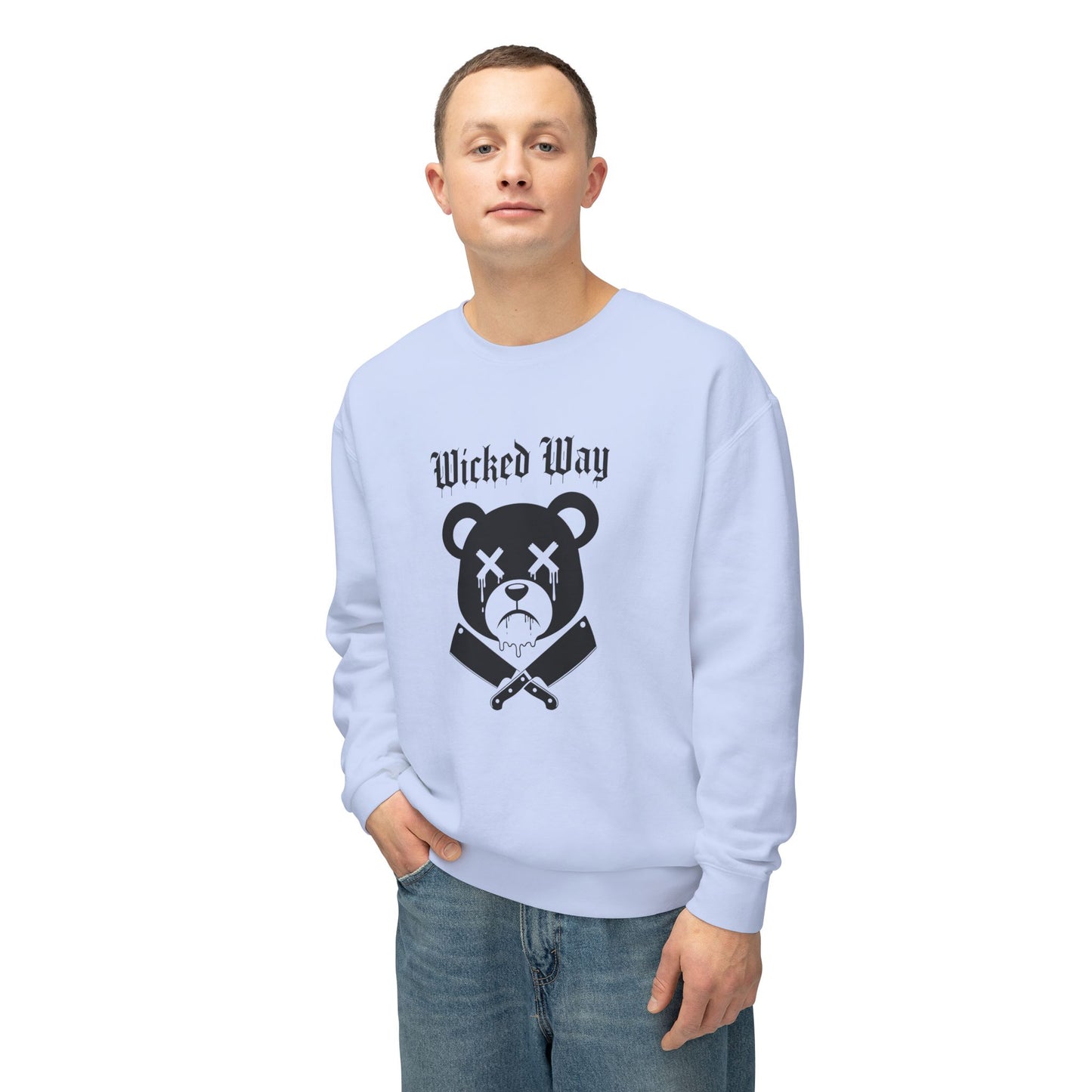 Limited Edition "Wicked Way" Drippy Bear Head Double Butcher Knife Lightweight Crewneck Sweatshirt (Multi Color Options)