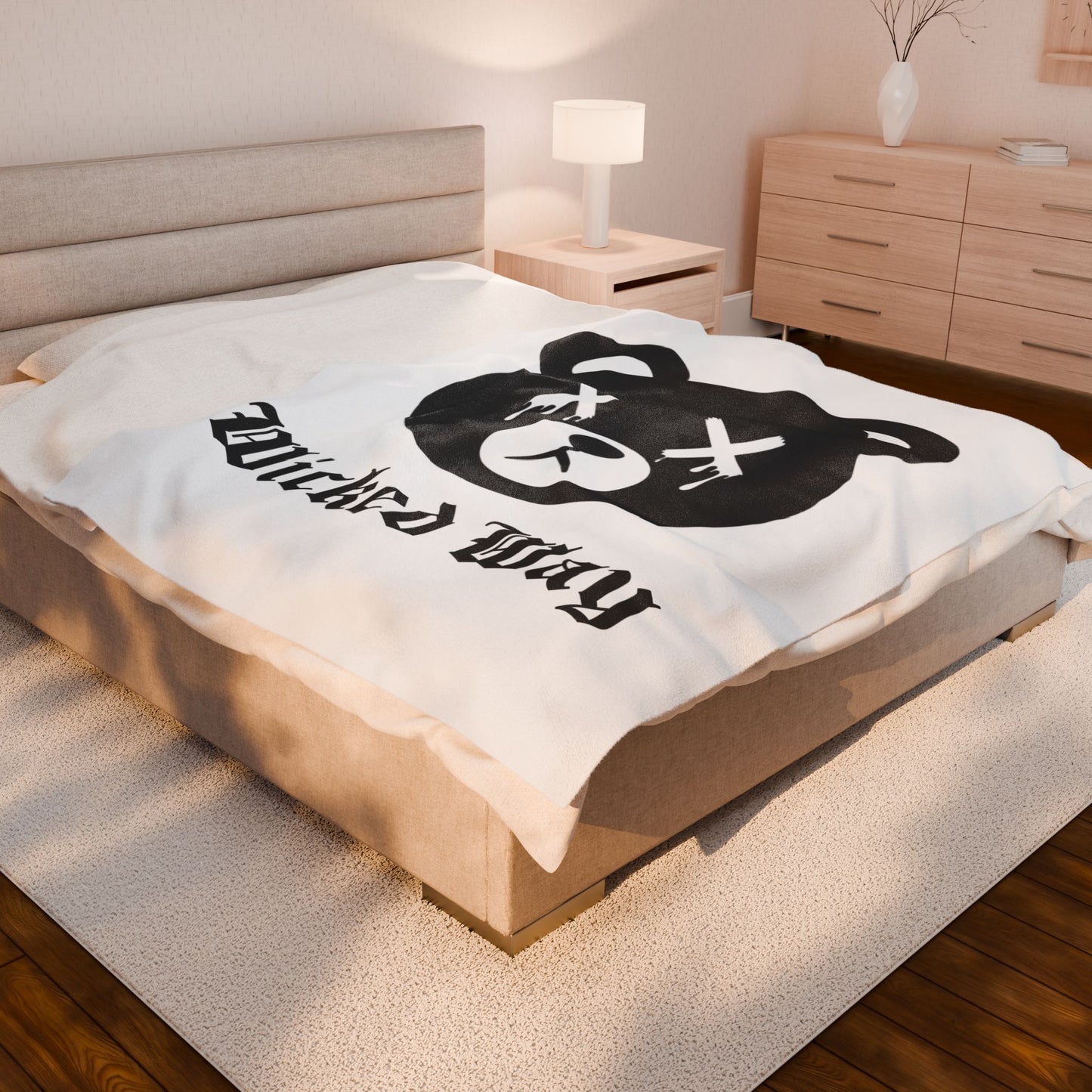 White "Wicked Way" Dead Bear Head Velveteen Plush Blanket