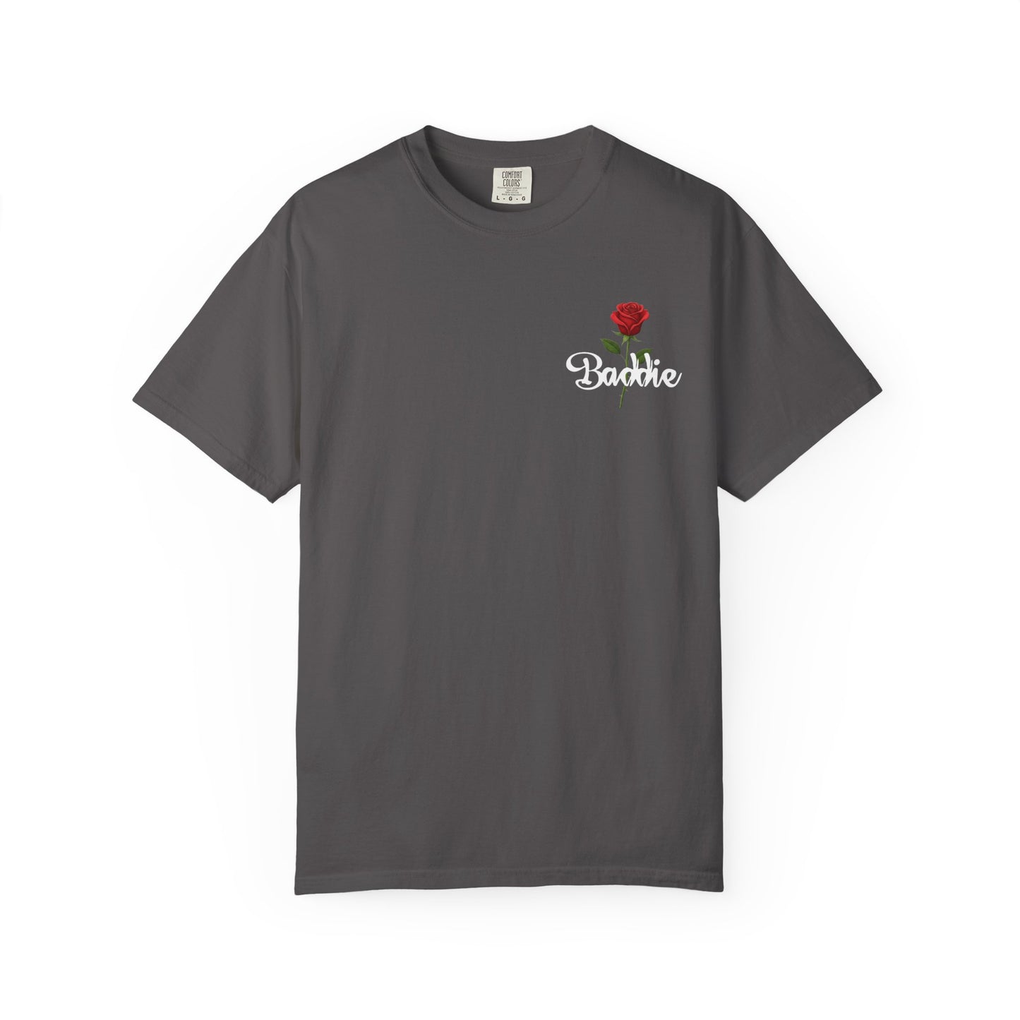 "Baddie Street" Labeled Baddie Rose Pocket Logo Graphic T-Shirt