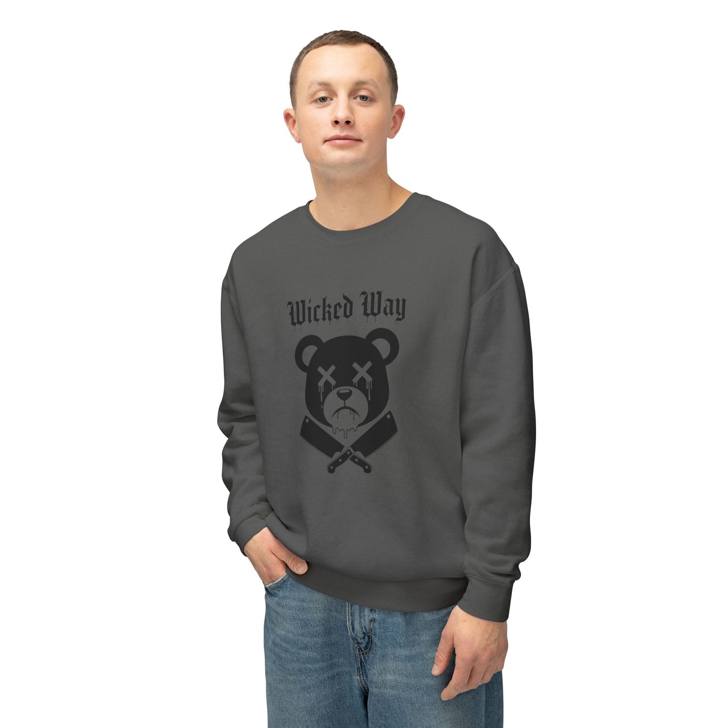 Limited Edition "Wicked Way" Drippy Bear Head Double Butcher Knife Lightweight Crewneck Sweatshirt (Multi Color Options)