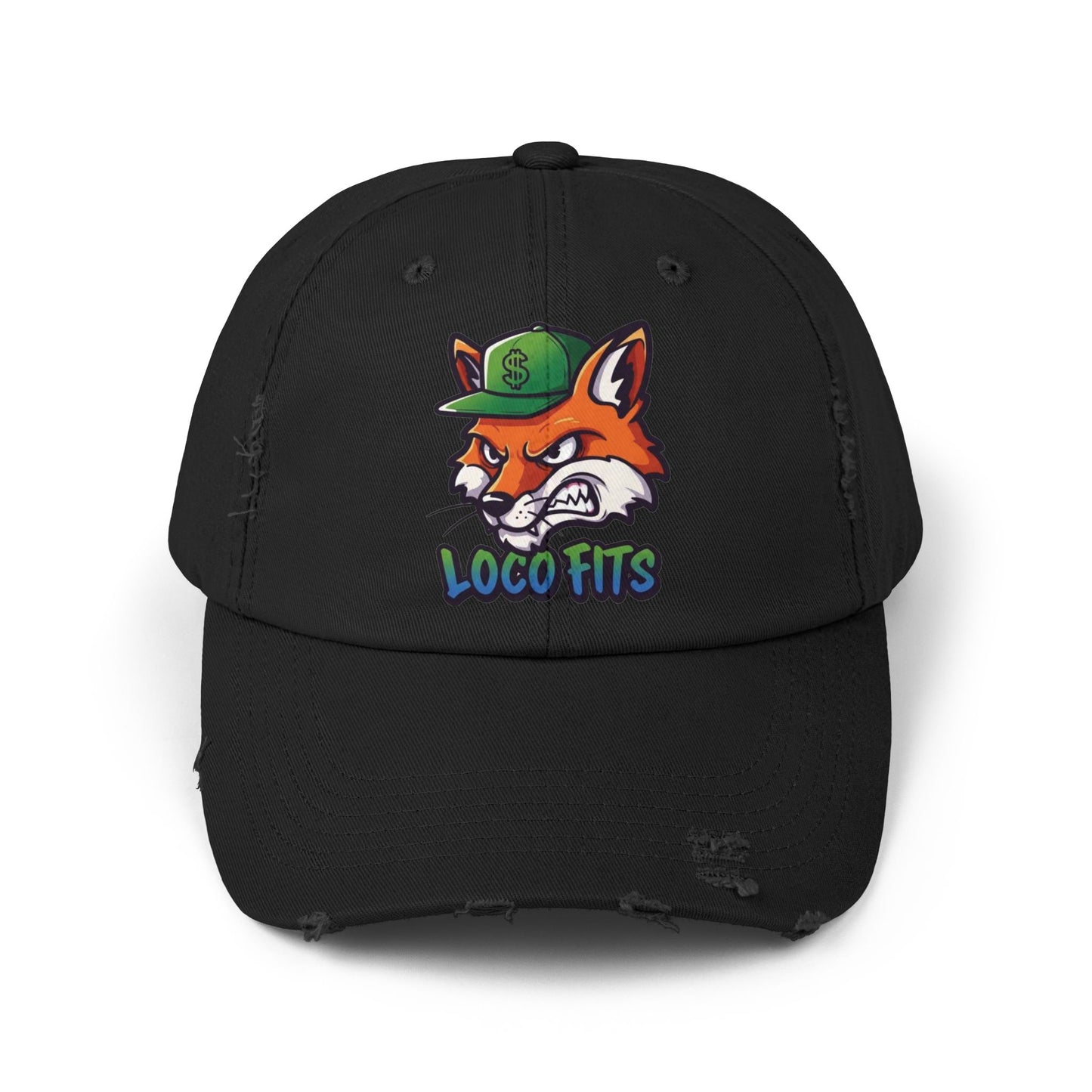 Unisex Distressed Cap with Loco Fox Design - Trendy Hat for Casual Outings