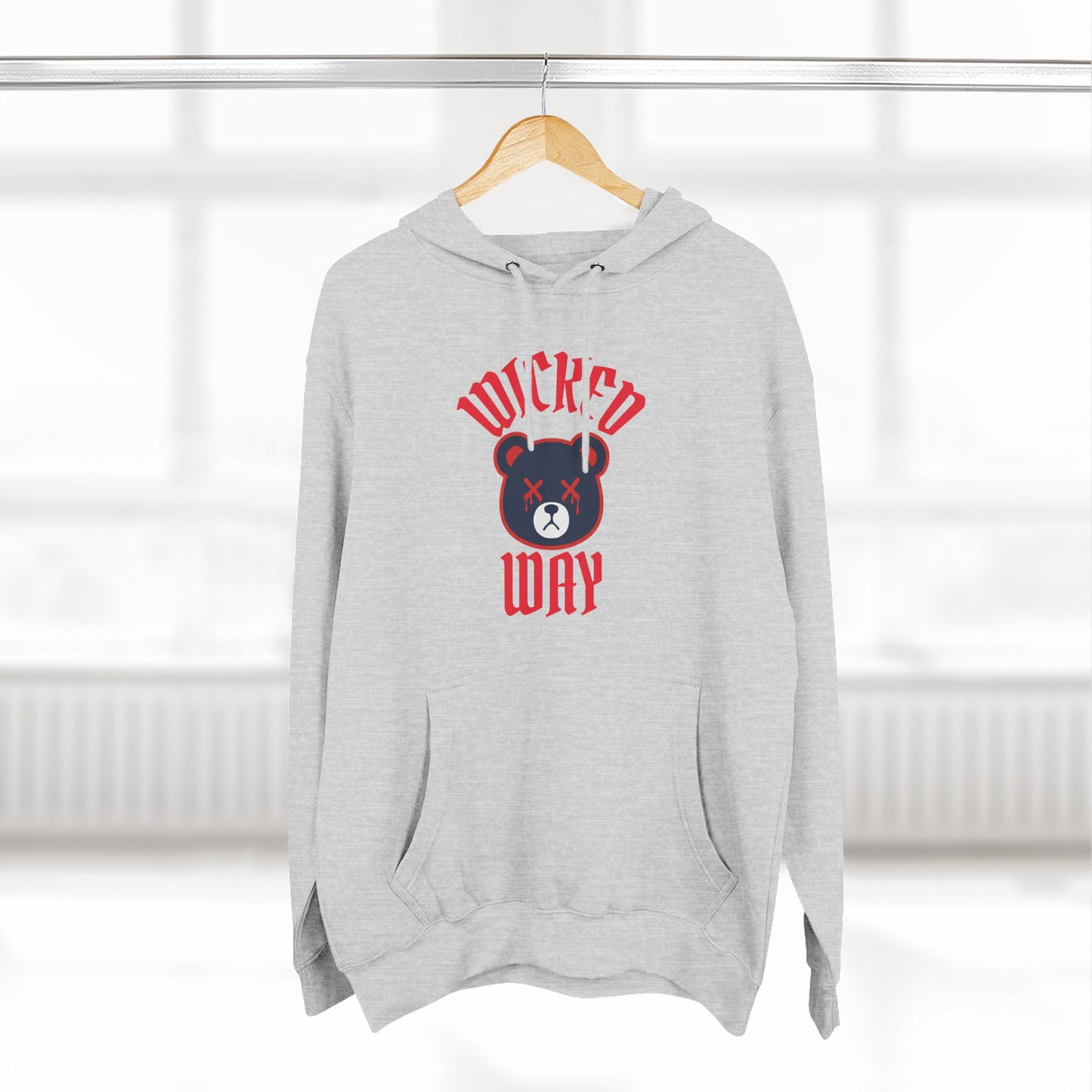 Grey "Wicked Way" Deady Bear Red & Navy Blue Fleece Hoodie