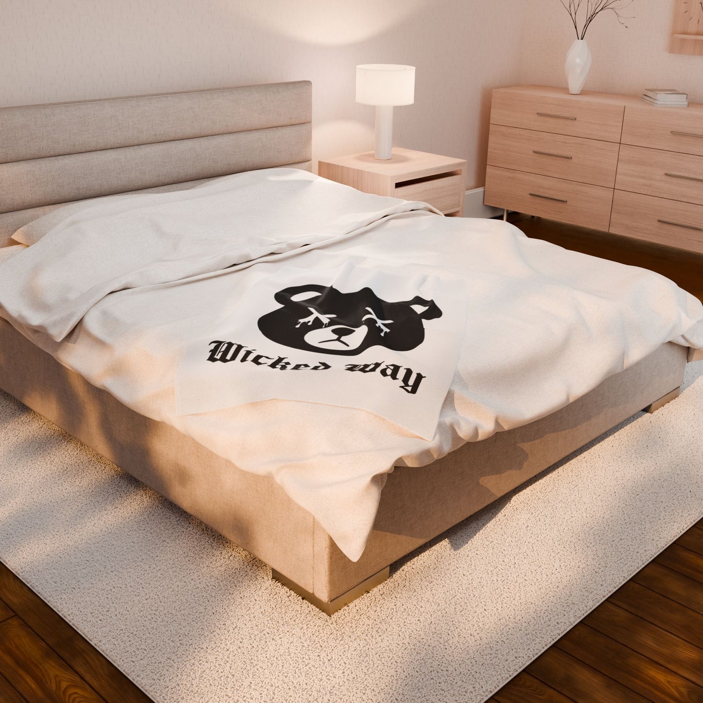 White "Wicked Way" Dead Bear Head Velveteen Plush Blanket