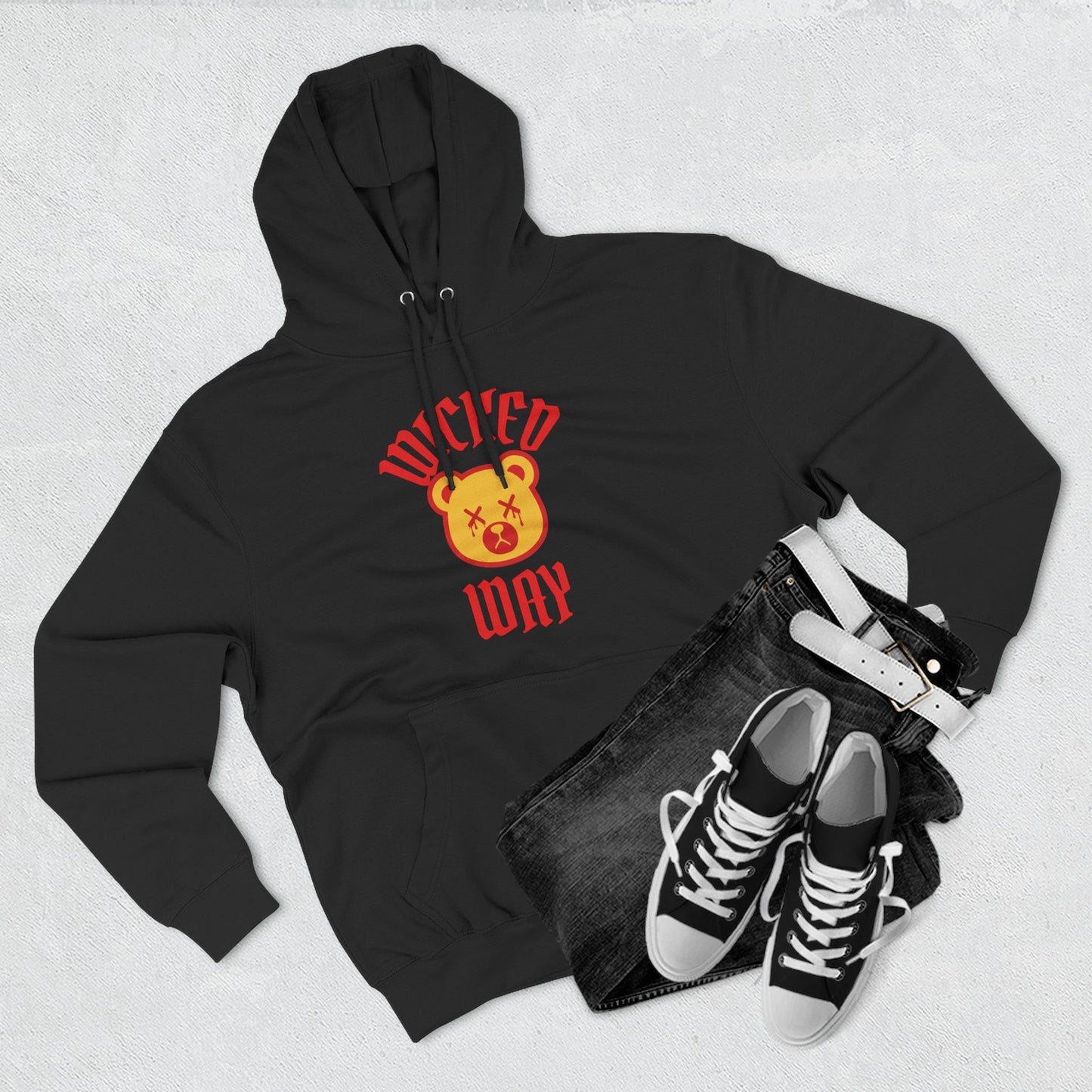 Black/White "Wicked Way" Deady Bear Red & Yellow Fleece Hoodie