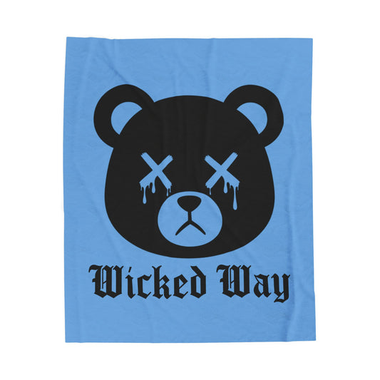 Light Blue "Wicked Way" Dead Bear Head Velveteen Plush Blanket