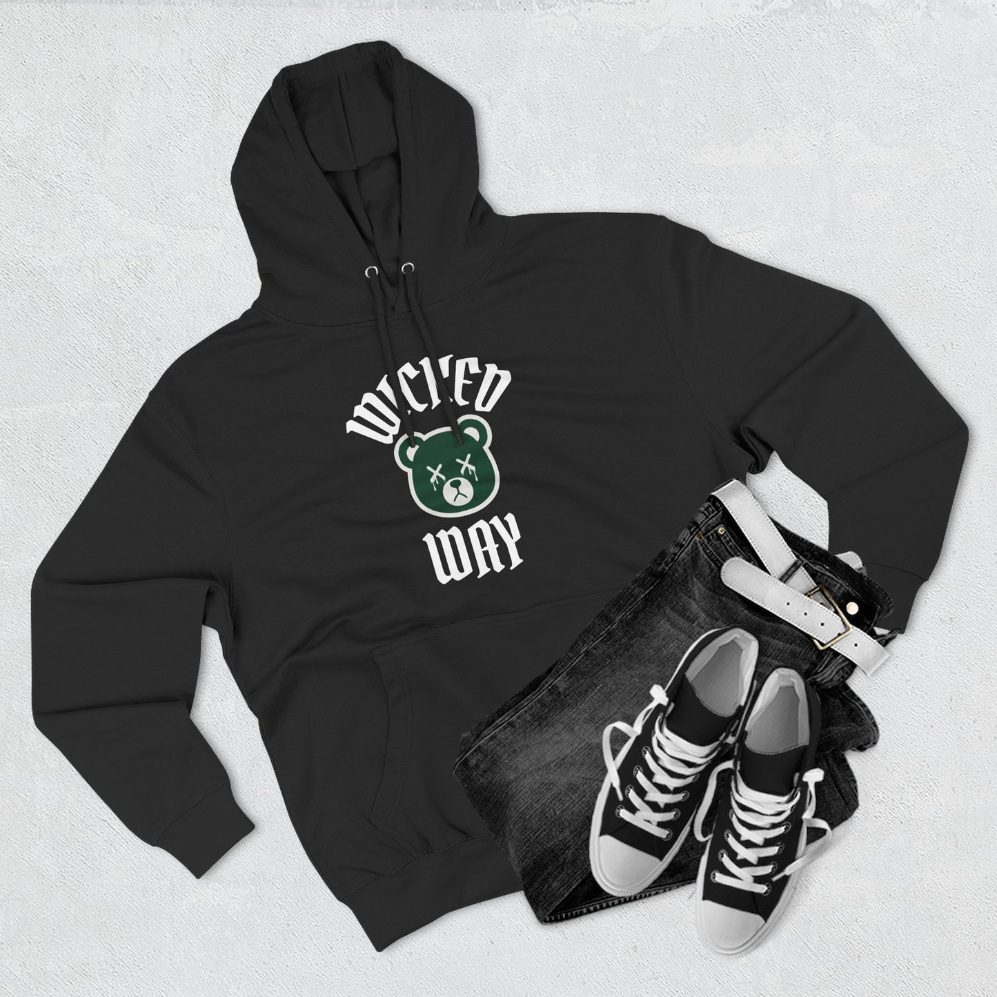 Black "Wicked Way" Deady Bear Dark Green & White Fleece Hoodie