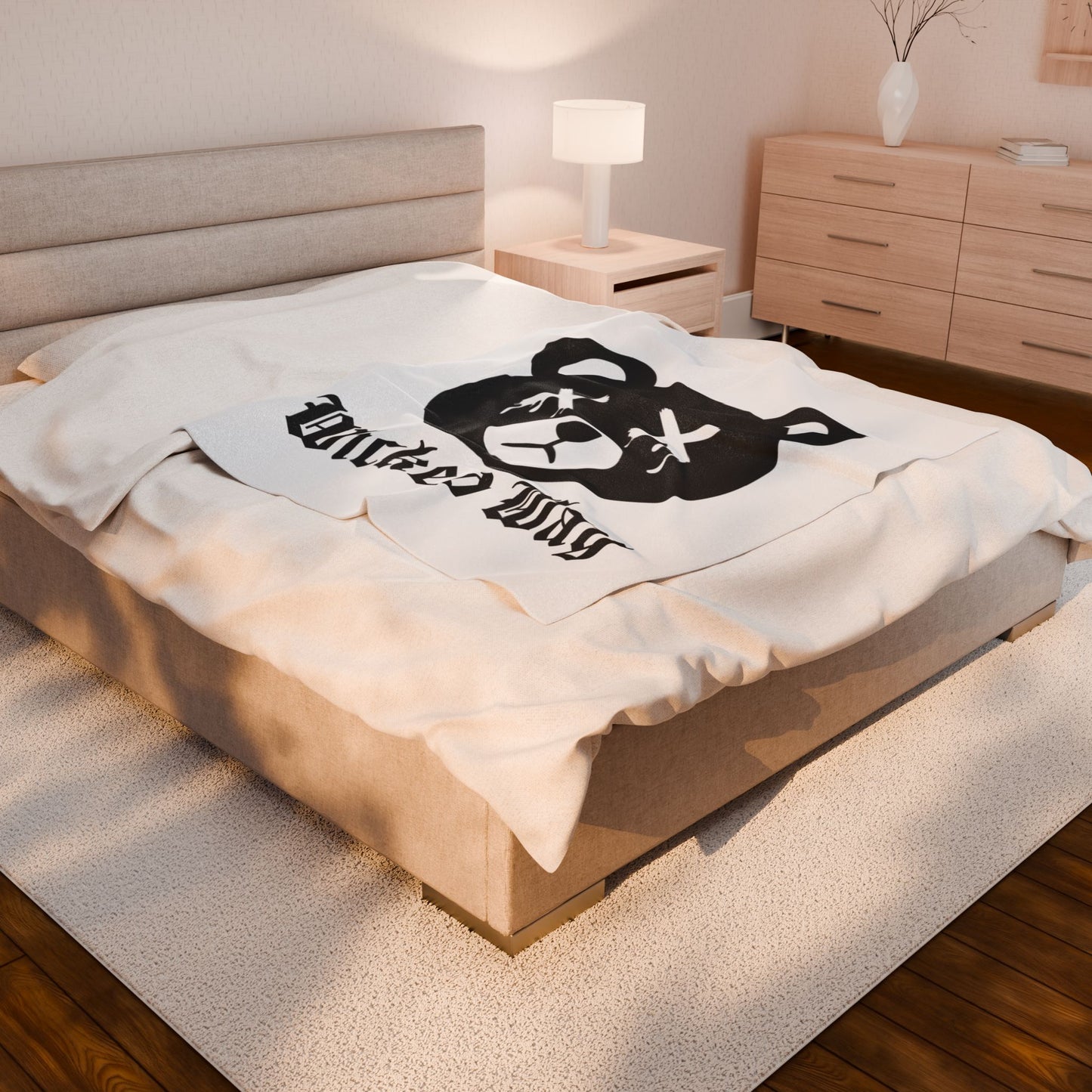 White "Wicked Way" Dead Bear Head Velveteen Plush Blanket